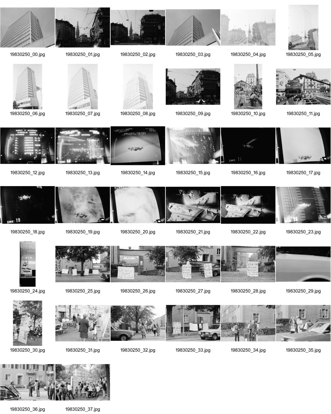 Image of sheet 19830250: UBS Bank Hochhaus heute Steueramt Gebäude Werd Doppelbelichtung mit Tor zum Stauffacher. Besetzt. Bilder ab Monitor. Diabolik. Flugkörper. Protest gegen
 Verkehrslärm am Stauffacherstrasse im Erismannhof. Lasst uns ficken bevor wir ersticken. Bürger Innen Aktion. Zürich Kreis vier 4 Aussersihl 1983
© 1982, by Olivia Heussler www.oliviaheussler.com