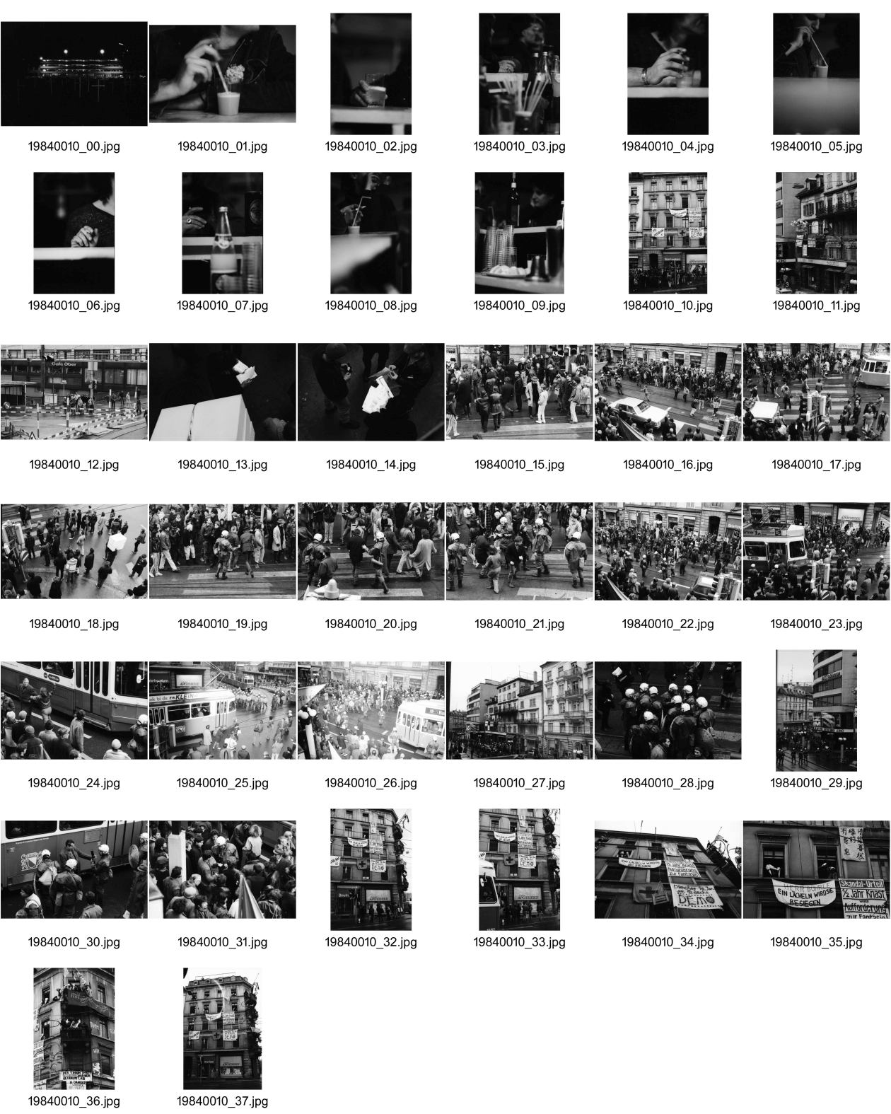 Image of sheet 19840010: frtsg. Bar Helvti Hand Glas Bar. Stauffacher Besetzung Transparente 'No Pasaran' Polizei Demonstration 'Herr Bührle ein Lächeln wird sie besiegen' ZM Gebäude Zürich Wohnungsnot Wohnen Häuserkampf Hausbesetzung Zürich Badenerstrasse 1984 
Housing