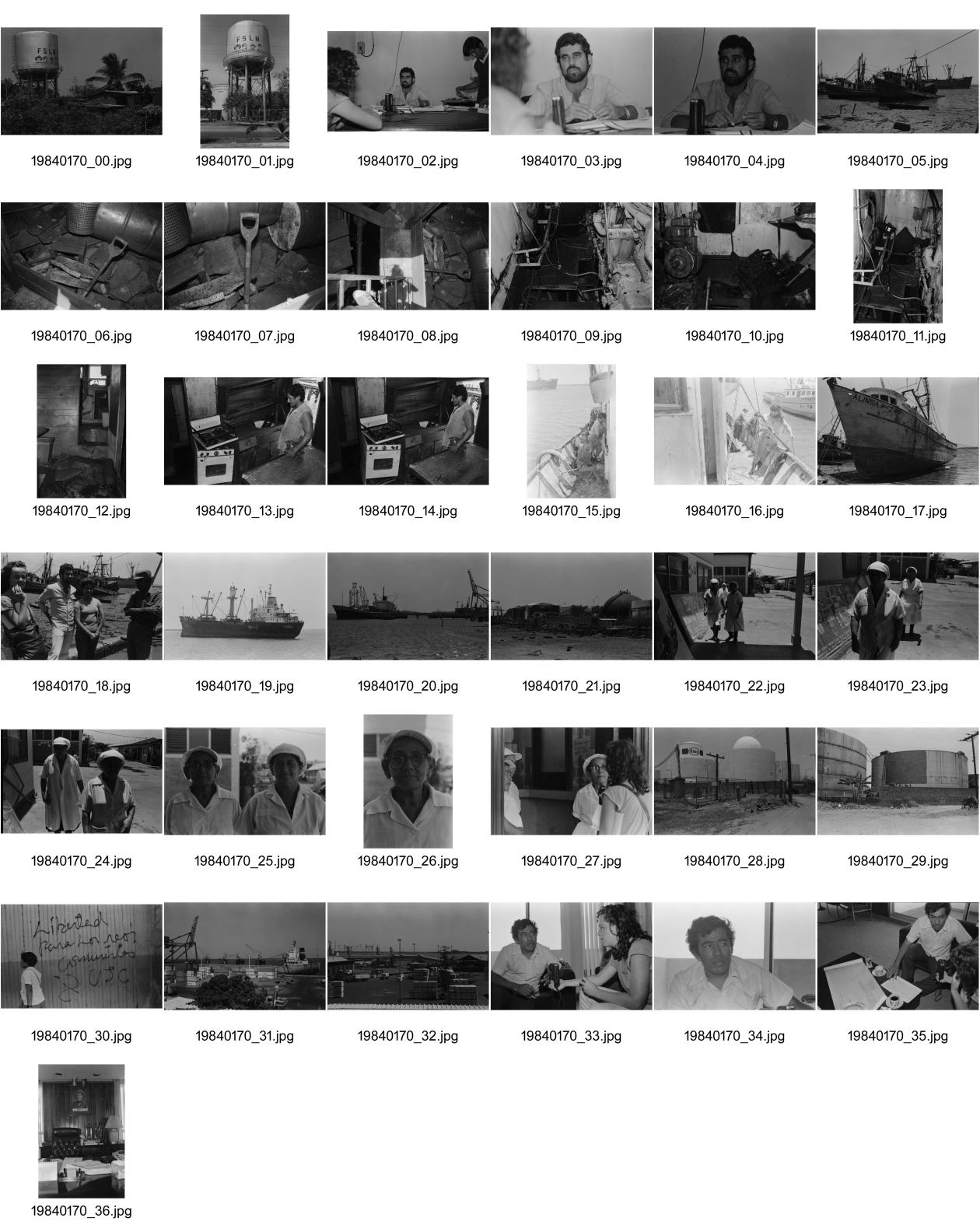 Image of sheet 19840170: Mural: Libertad para los Reos Comunistas. Fischerhafen Wasserreservoir von Contra beschädigte Fischerboote. Gabriela Battaglia. Schweizerin arbeitet für APIA und später NZZ
Portrait Fischerei Arbeiterinnen. Jefe und Büro mit Sandino Abbild. Esso Tanks Pacifico Pazifikküste Costa Corinto Nicaragua 1984
