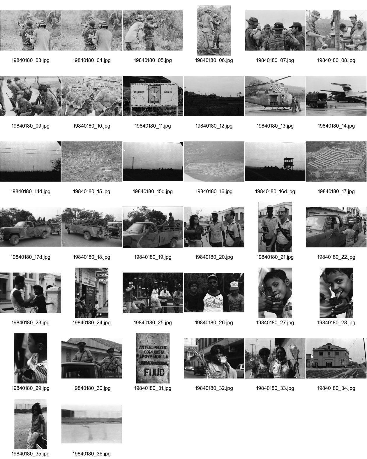 Image of sheet 19840180: Im US-Amerikanischen Militär-Ausbildungslager Centro de Entrenamiento Militar (CREM) an der honduranischen Atlantikküste bei El Castillo.Salvadorianische Soldaten. US-Army Soldaten mit M-16 Maschinen gewehre. 
The M16 rifle, officially designated Rifle, Caliber 5.56 mm, M16, is the United States military version of the AR-15 rifle.
Helikopter Flugzeug Ausbildung im Schiessen mit amerikanischem Instruktor. US-Army Soldaten in Zivil vor Bar. Junge schleckt US Marmelade aus Dose. Honduranische Polizei. Anit Kommunisten Wandmalerei. Spray Wachturm in Palmerola. Junge und Soldaten. Bahnhof Eisenbahn. Mädchen und Mutter auf dem Weg zur Kirche mit Mais blätter. Lacayo ehem. Nic. Kulturminister und Mann von Anna Qriquillon. Gabriela Battaglia. San Pedro Sula Honduras Mittelamerika Centralamerica 1984