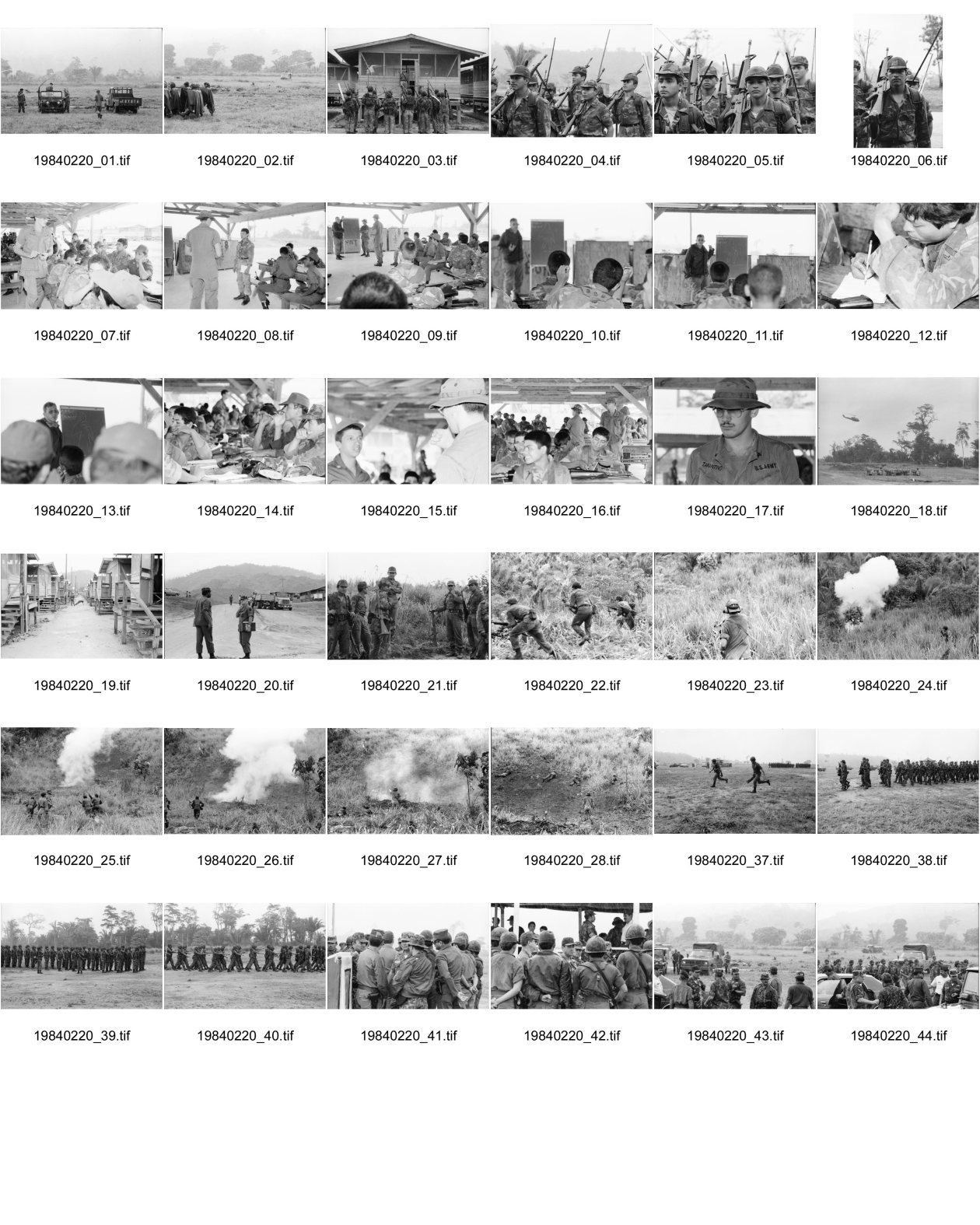 Image of sheet 19840220: Im US-Amerikanischen Militär-Ausbildungslager Centro de Entrenamiento Militar (CREM) an der honduranischen Atlantikküste bei El Castillo.  Der neue General Walter Lopez Reyes. Züchtigung Übung Folter. Salvadorianische Soldaten. US-Army Soldaten. Abteilung für salvadorianische Soldaten in Honduras! Instructor Contra Rebels Contras Contrarebellen
mit M-16 Maschinengewehren. Helikopter Flugzeug Ausbildung im
Schiessen mit amerikanischem Instruktor. US-Army Soldaten
Portrait «Soldado lloron»
