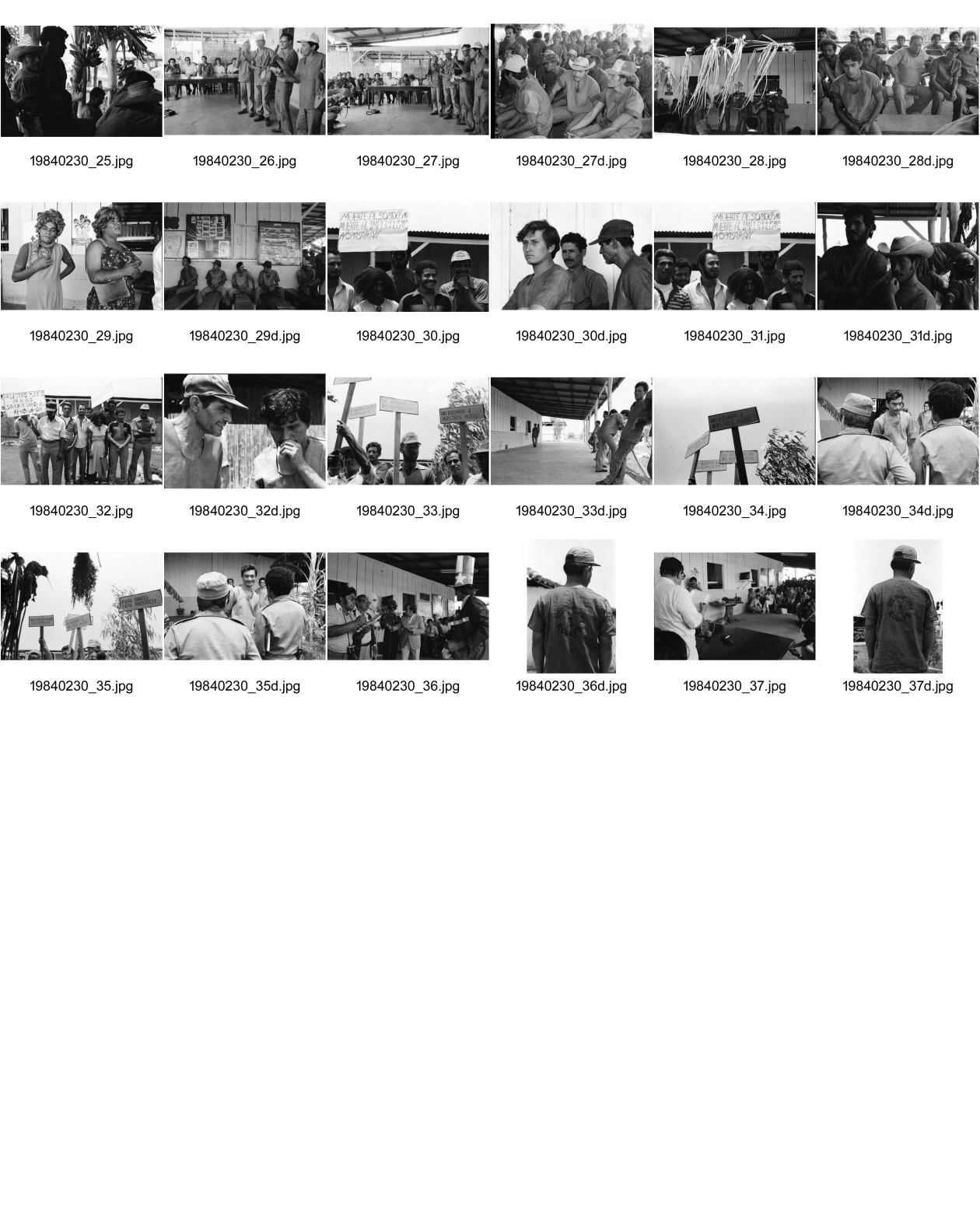 Image of sheet 19840230: In der offenen Strafanstalt Gefängniss 'La Granja'. Die Insassen spielen den Besucher Innen ein antiimperialisctisches Polit theaterstück vor. «Fuera Yankees. Fuera Traidores» Raus Amerikaner. Raus Verräter. «Basta de minar los Puertos» Aufhören mit der Verminung unserer Häfen. Zwei männliche Gefangene als Frauen verkleidet. Nahe Managua Nicaragua Carretera Norte 1984