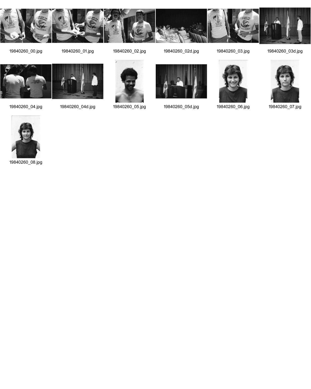 Image of sheet 19840260: Leo Gabriel und Jan Schmeitz in T-Shirts. Managua Nicaragua 1984 
two difrent opinions. against and in favor to the occupation of Granada by US military. in memory caribean revolution

Olivia Heussler Haroldo Horta chile
USA & caribean friends thanks for rescuing Grenada
is written on the left tshirt.
on the right tshirt is written in memory to the revolution:
A new dawn for free Grenada Anniversary of the Grenada Revolution 1979 - 1984