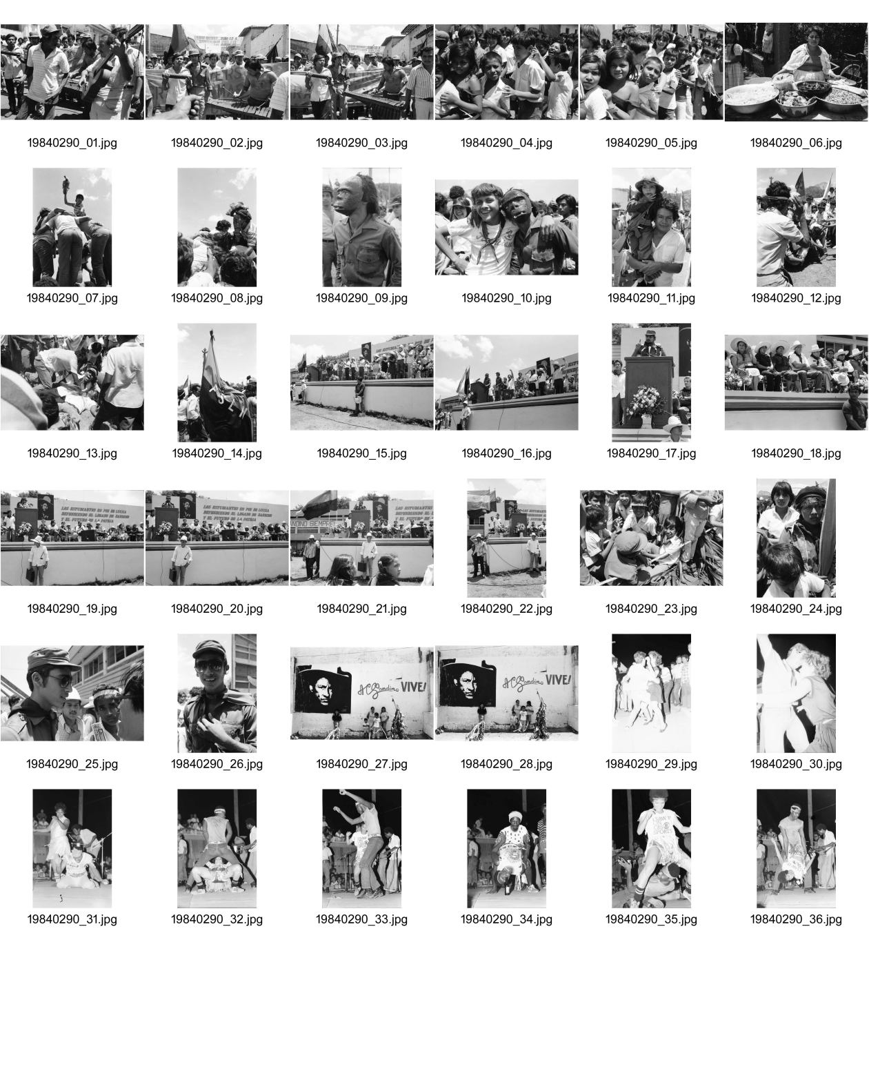 Image of sheet 19840290: Geburtstag Sandinos. Des Generals des freien Menschen, wird gefeiert. «Sandino vive» steht an den Mauern. Kinder in Reihe. Gruppenbild. Bühne. FSLN Fahne. Mann Soldat mit Maske. Kommandanten mit Strohhüten. Fahnen. Mascottchen kleines Kind in Uniform. Marimbas werden an der Demo für Sandino mitgetragen. Masken werden getragen. Mural Wandmalerei Ein junger Soldat der den Helikopter abgeschossen hat mit den Honduranern drin. Nicaragua 1984
