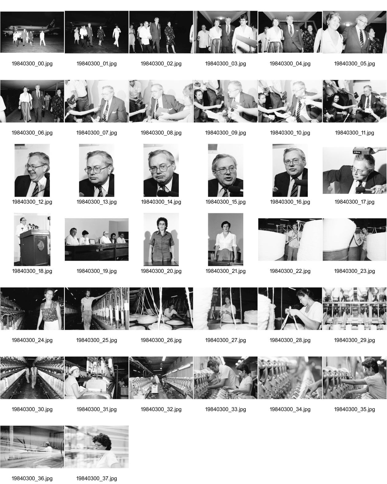 Image of sheet 19840300: Der neue US-Amerikanische Botschafter Harry Bergold wird am Flughafen begrüsst.
Joan Krukewitt interwievt ihn. Doris Tijerino. In der Texnica werden auch Jeansstoffe hergestellt. Textilfabrik produziert vorallem Baumwollstoffe für den Export. Fabrikarbeiterinnen. Doppelbelichtung Managua Nicaragua 1984