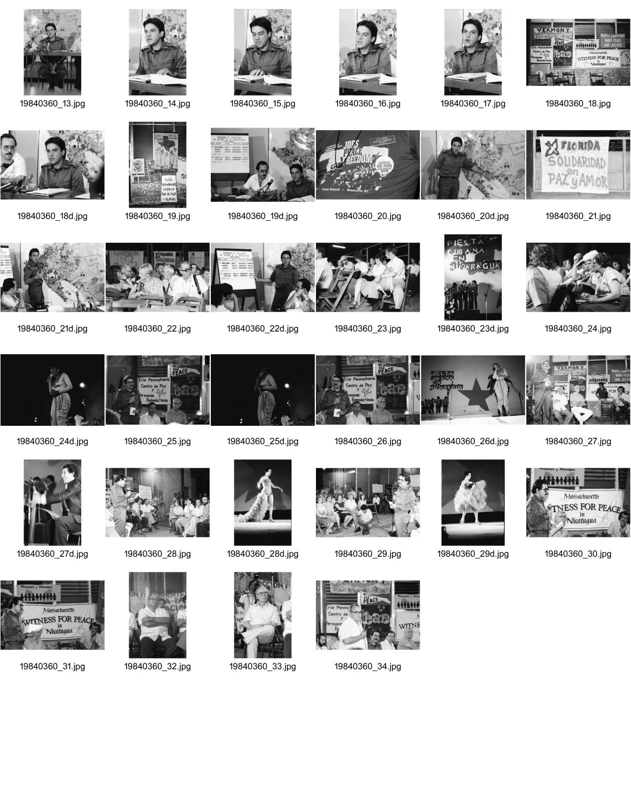 Image of sheet 19840360: Die Zeugen des Friedens aus den Vereinigten Staaten zeigen dem nicaraguanischen Volk ihre Solidarität. auf einem T-Shirt steht Jobs Peace Freedom und gehört: Ed Loring, open door comunity Atlanta. Portrait d'Escoto, Fernando Cardenal Ortega und Jaime Wheelock. Fiesta Cubana in Nicaragua. Managua 1984
