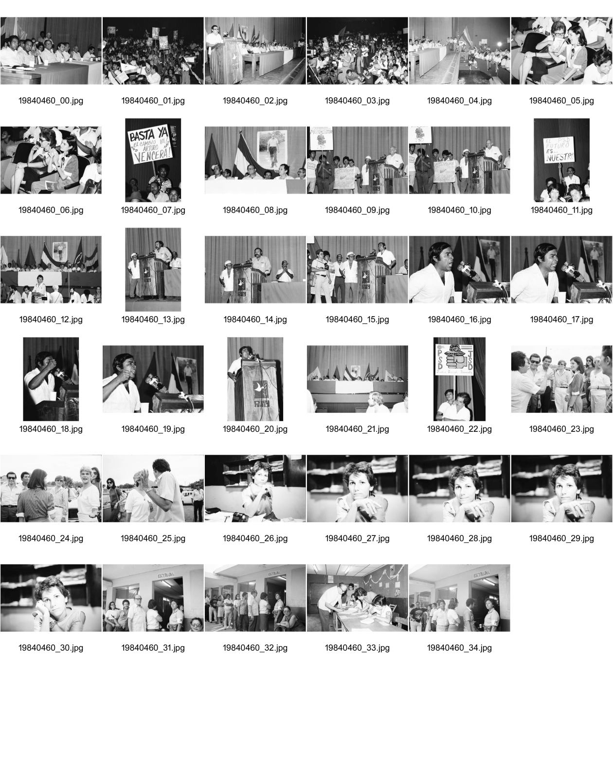 Image of sheet 19840460: Antisandinistische Demonstration im Kino Cine Cabrera mit Arturo Cruz und u.a. Violetta Chamorro und ihre Tochter. Wahllokal Schlange stehende Menschen vor Büro zur Einschreibung für die Wahlen vom November. Portrait Olivia von Jan dem Belgier der mit Dirk arbeitete. Managua Nicaragua 1984