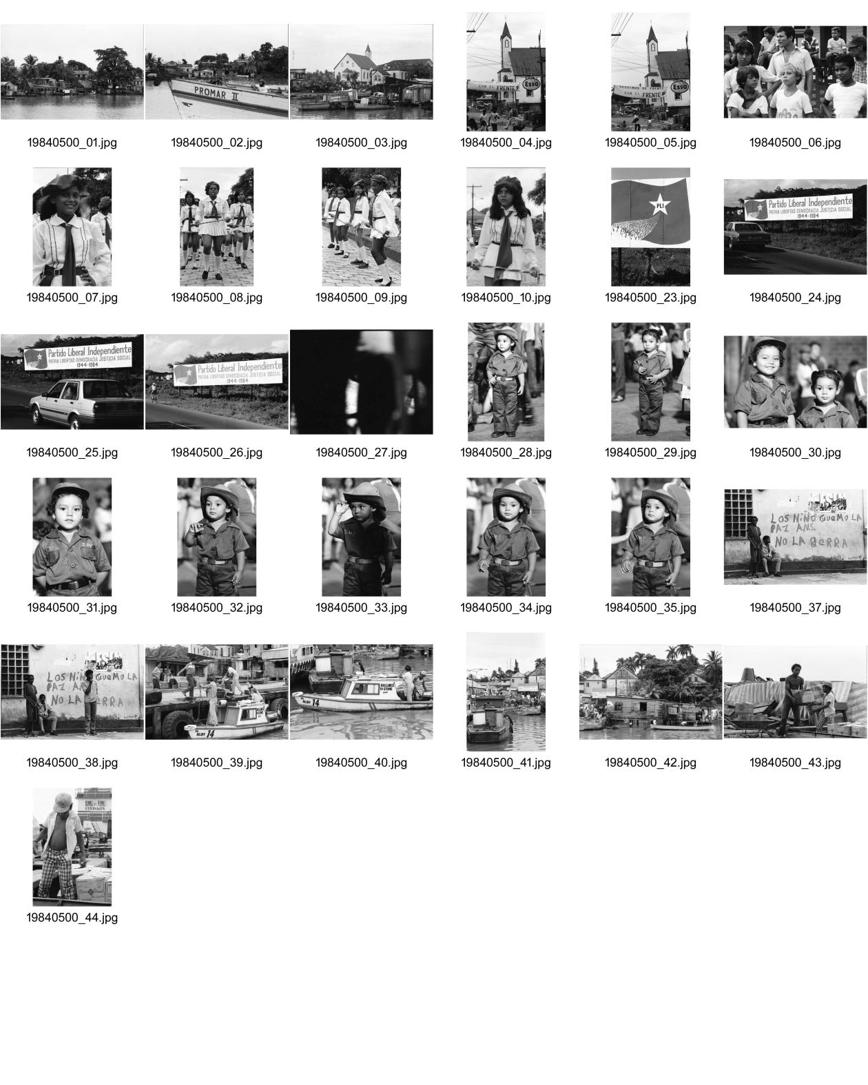 Image of sheet 19840500: Majorettes treten für Daniel Ortega auf. Kindergruppe. Kirche von Bluefields. Esso Tankstelle. kleine Fischerboote im Hafen von B-. Palmen. Kinder vor Wandmalerei. Mascotta. kleines Mädchen als Kindersoldat verkleidet. S.M.P. Servicio Militar Patriotico. Tafel des P.L.I. in Managua. Partido Liberal Independiente. Atlantikküste RACCS 1984