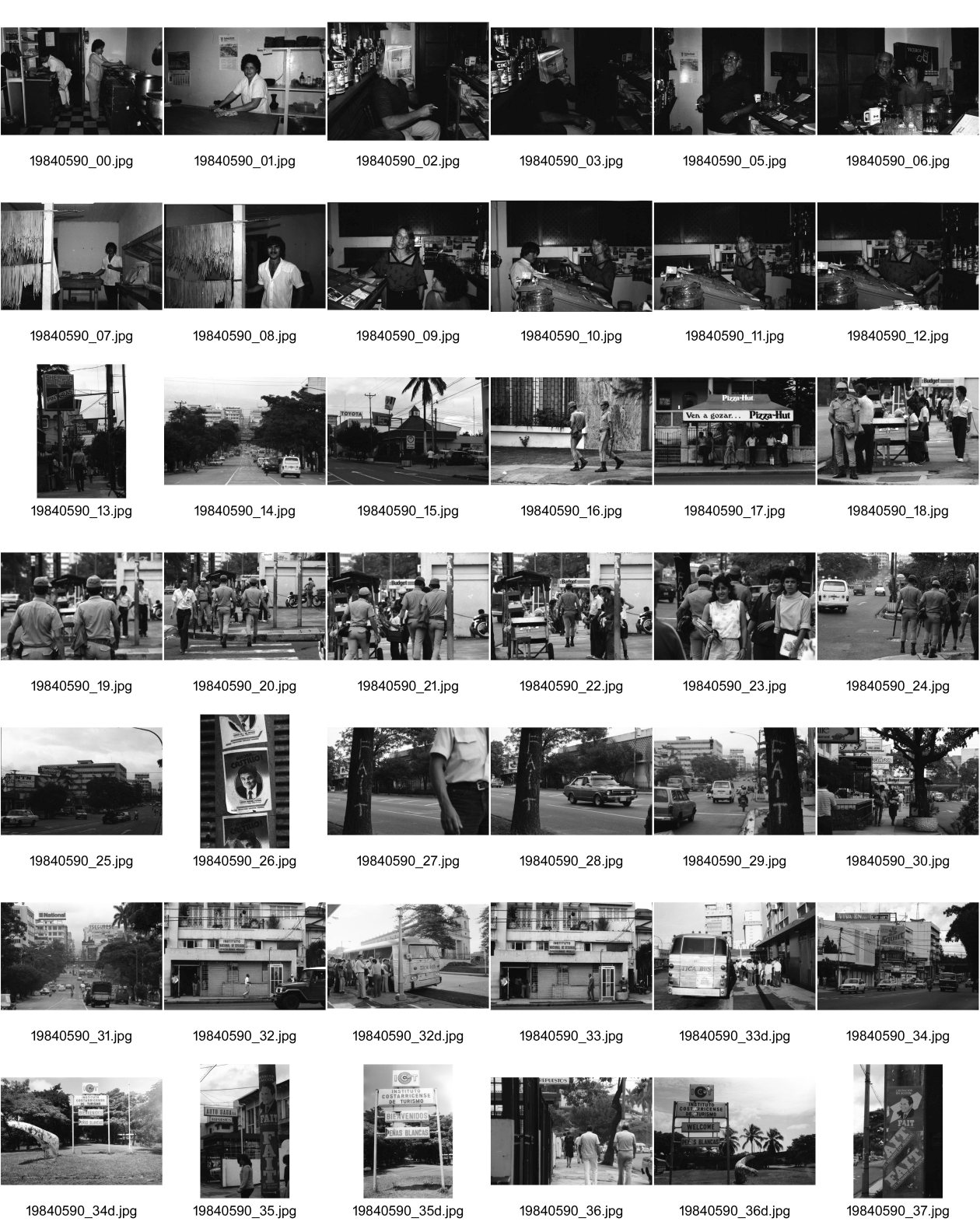 Image of sheet 19840590: Bei Antonio und Ursula Hauser im Restaurant Ursonico. Die Spagetti werden selbst gemacht. In der Küche. Hauptstrasse Polizei. National Jugendliche Frauen. Wahlplakat. Reklame für Pizza Hut. Strassenszene. San José de Costa Rica Zentralamerika Centralamerica 1984