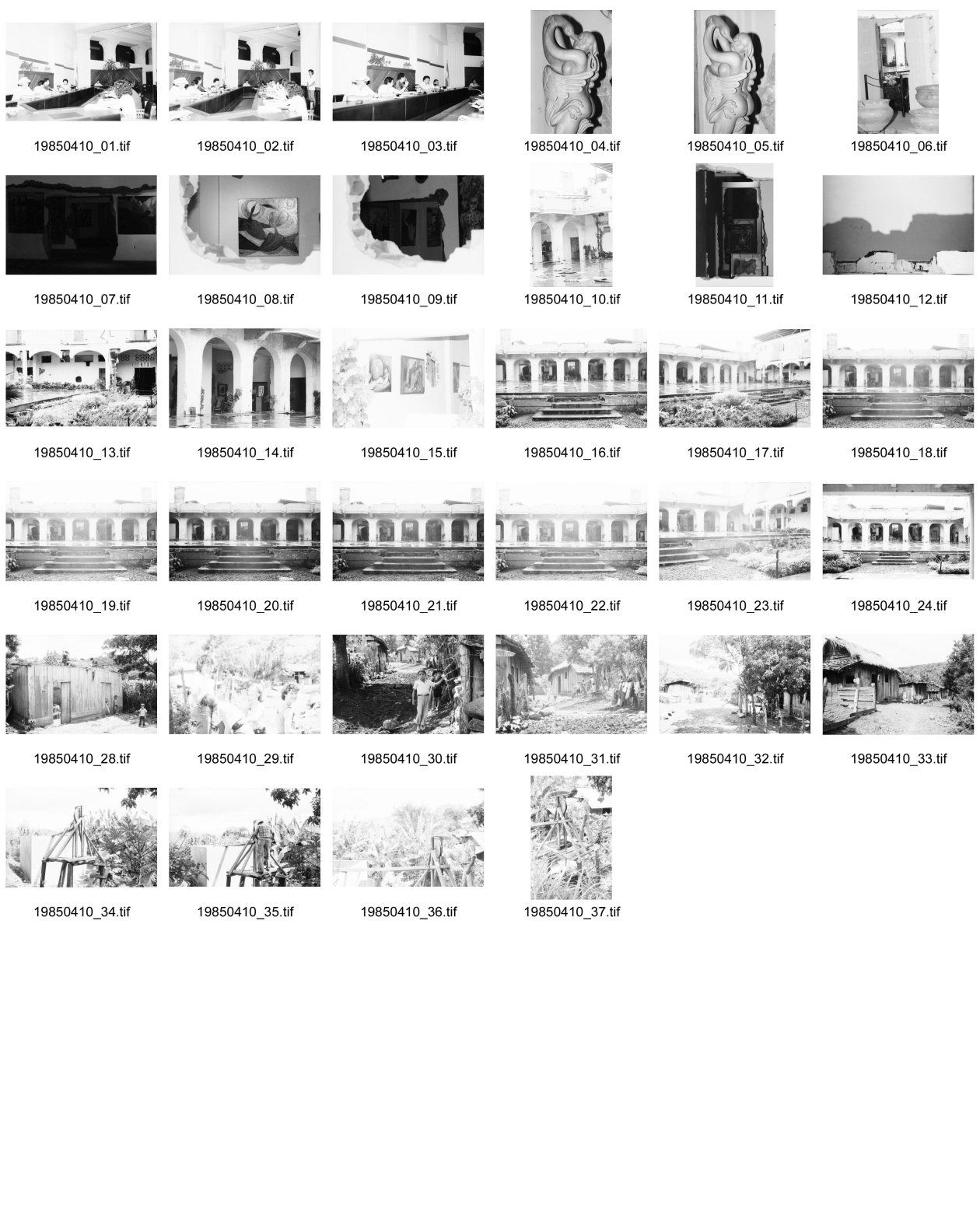 Image of sheet 19850410: In den Ruinas del Gran Hotel, das dem Erdbeben von 1972 zum Opfer fiel stellt das Kulturministerium unter Ernesto Cardenal Kunst aus. Obwohl es manchmal schamlos reinregnet. Die Bühne dient für abendliche Vorstellungen. In El Regadio arbeiten die Frauen am Film weiter. Knabe am Zaun im Dorf. Alter Ziehbrunnen aus Holz. Alte Holzbauernhäuser. Nadine Hostettler Gabrielle Baur Kristina Konrad und Anne. Managua Esteli Nicaragua 1985