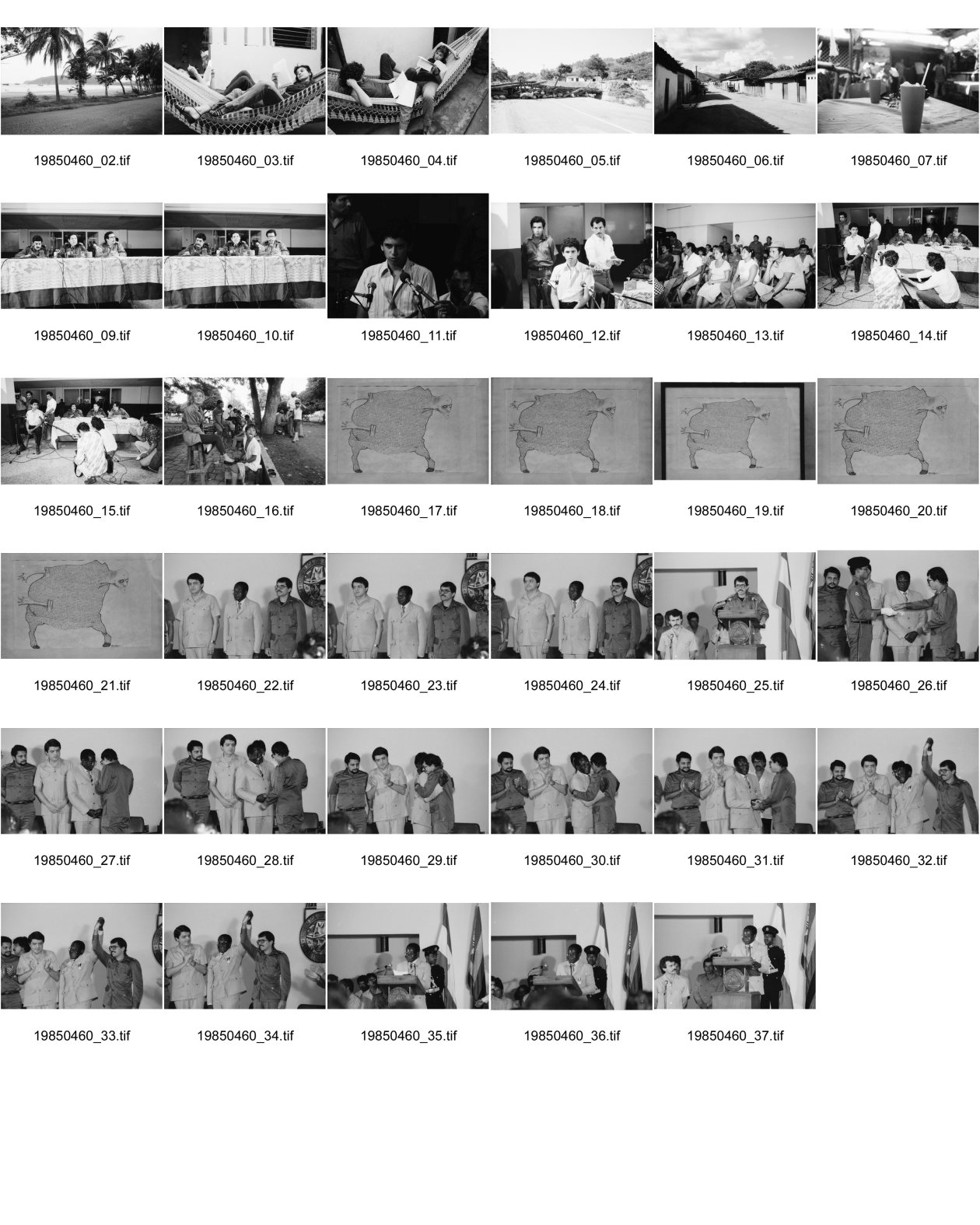 Image of sheet 19850460: Strand San Juan del Sur Gabriela Baur und Kristina Konrad in Hängematte in der Racachaca Altagracia. Grenze nach los Espinos ist geschlossen und verriegelt. junge Sandinisten die zur Contra übergelaufen sind im MINT. Innenministerium. Nadine Hofstettler beim Schuhe putzen lassen in Esteli. Donaldo Altamirano Bild Ulysses für James Joyce. Präsident Zimbabwe, Robert Mugabe wird von den nicaraguanischen Kommandanten wärmstens empfangen. re. Ortega li. Ramirez.
Zentrum Olof Palme Olaf  Centro
Managua Nicaragua 1985