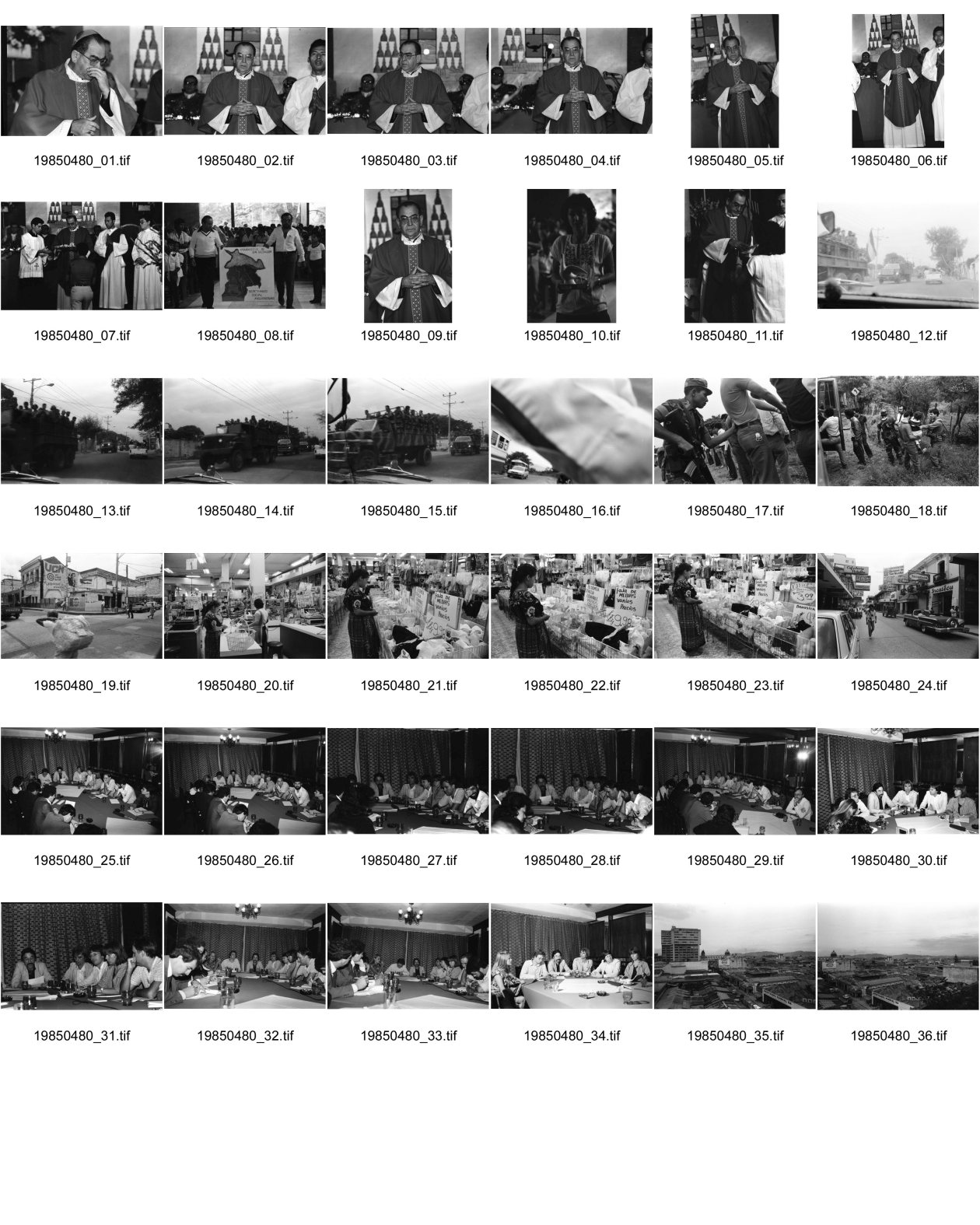 Image of sheet 19850480: Antonio Rivera y Damas 
Arturo Rivera y Damas SDB (* 30. September 1923 in San Esteban Catarina, El Salvador; † 26. November 1994 in San Salvador) war Erzbischof von San Salvador an der Jubiläumsmesse. Portrait Soldaten im Lastwagen. Soldaten kontrollieren Bauern die im Bus fahren auf der Panamericana. Ich bin auf dem Weg nach Guatemala. Dort steht eine Bäuerin vor der Auslage mit Unterwäsche und studiert die Preise. 
Grüne Parlamentarier-Delegation der Grüne Partei Fraktion aus Deutschland der BRD gibt eine Pressekonferenz über die Wahltaktik der Salvadorianer. mit Ralf Leonhard APIA
Nr. 19850480_34 von links Die Abgeordnete Gaby Gottwald, Michael Rediske als Dolmetscher, Abg. Christian Ströbele ,  Abg. Ludger Vollmer, EU-Abg. Brigitte Heinrich.
Uebersicht auf die Stadt Guatemala City.
Zentralamerika Centralamerica 1985