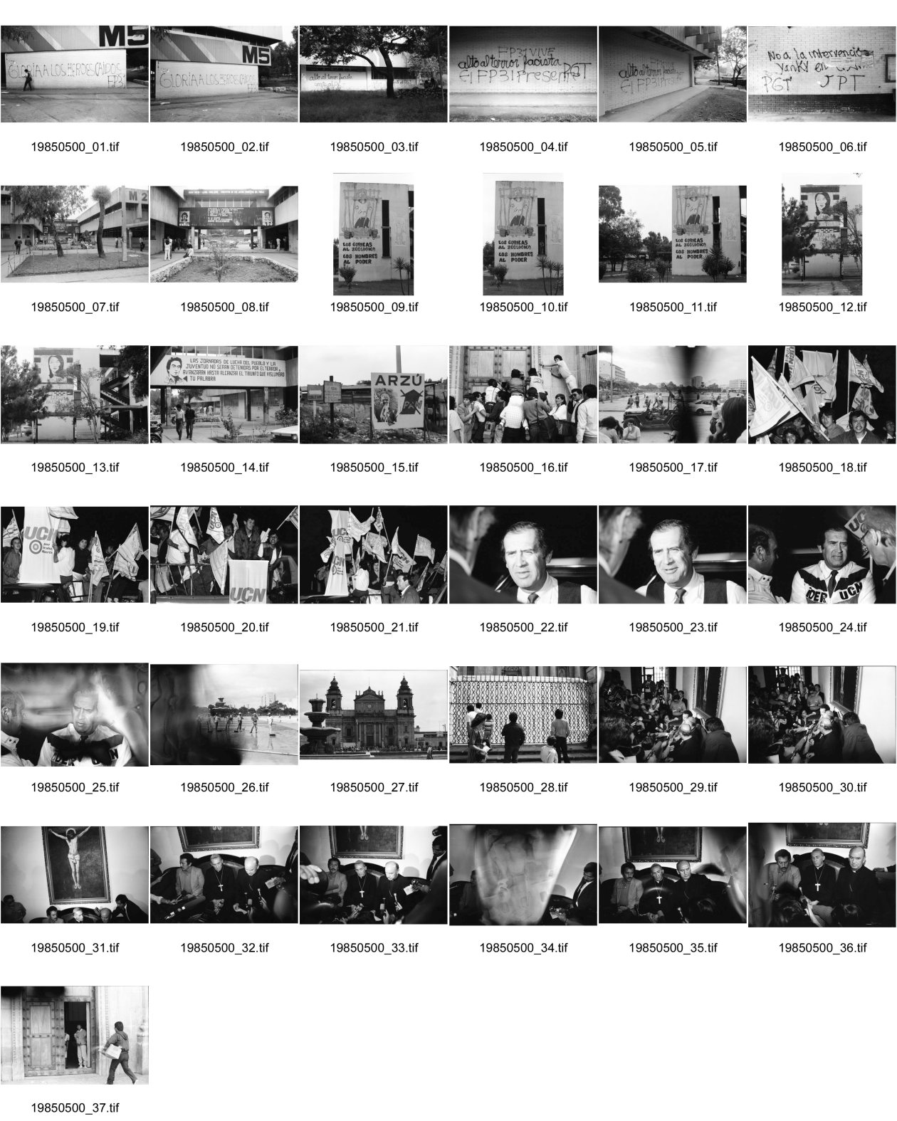Image of sheet 19850500: Politische Wandmalereien in der Universität San Carlos (USAC) ARZU Internationale JournalistInnen kämpfen sich an die Eingangstüre der Kathedrale. Militär jeep. Wahlvorfeier und Propaganda für die Partei von Carpio Nicolle. Portrait. Transparent mit Namenliste Namen der vermissten oder verschwundenen Menschen den Desaparecidos in Guatemala. 01.11. Arzobispo jefe de la Iglesia Catolica Monsenor Prospero Penades del Barrio und Nuncio Apostolico de su santidad Oriano Quilicci (re.) und Vinicio Cerezo, li. geben Pressekonferenz zur Besetzung der Kathedrale durch das Grupo apoyo mutuo GAM (frtsg. 850490 Guatemala City 1985