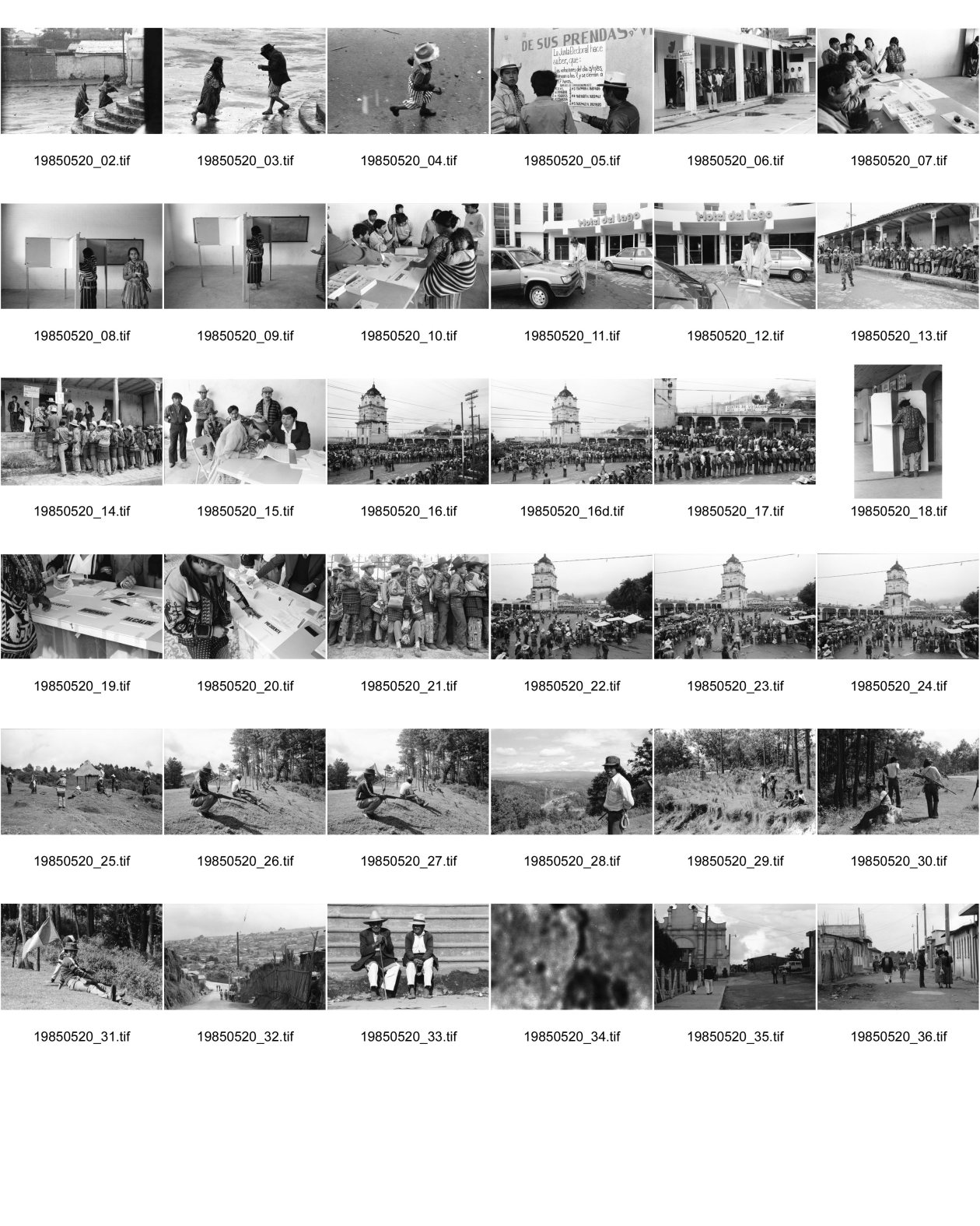 Image of sheet 19850520: frtsg. 850510 Feier in Santiago de Atitlan. In Panachajel wählen die IndianerInen ihr den Präsidenten. Jan Schmeitz holländischer Fernseh TV Journalist an der Schreibmaschiene vor dem Hotel. Portrait. Die Bauern in ihren jeweiligen Trachten stehen vor dem Wahllokal in der Schlange. Gruppenbild Wahlen. Eine Mutter Campesina Indigena Indio und ihr Kind im Tuch wählt. In Solola ist der Platz voll von Menschenschlangen die den neuen Präsidenten wählen müsssen. Die Autodefensa ist ein gefährlicher Kontrollmechansimus zur Ueberwachung der eigenen Dorfwache Dorfwächter Dorfbevölkerung. Sie sind vom Staat organisiert und tragen auch einfache Holzgewehratrappen. Zwei alte Bauern in Patzun. Bauern beim wählen. Campesinos Guatemala 1985