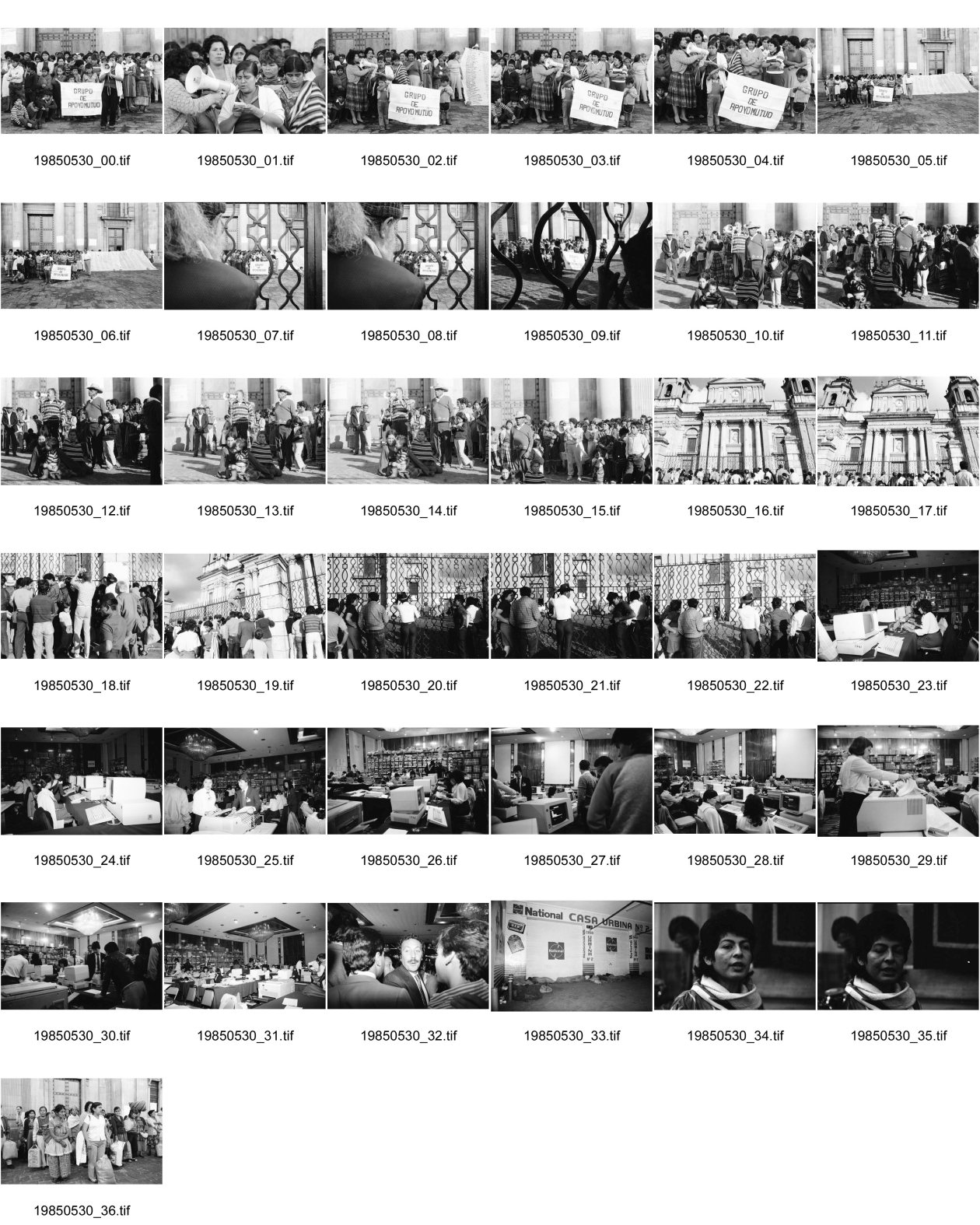 Image of sheet 19850530: Nineth de Garcia today: Nineth Montenegro, is one of the founders of the Mutual Support Group (Grupo Apoyo Mutuo, or GAM) for relatives of the disappeared. Her husband Fernando was abducted three months before. But this group is not being formed simply to hold hands. They are supporting each other to protest the injustice of the disappearances.
GAM (Mutual Support Group; Spanish: Grupo de Apoyo Mutuo), one of Guatemala's oldest and best-known human rights organizations. mit Nineth de Garcia an der Spitze setzt sich seit Jahren für die Familien der vom
 Guatemaltekischen Militär und der Todesschwadronen entführten und
 ermordeten Menschen ein. Die GAM besetzte während den Wahlen, an denen 
Marco Vinicio Cerezo Arévalo (born 26 December 1942) is a Guatemalan politician. He served as President of Guatemala from 14 January 1986 to 14 January 1991 als Gewinner hervortrat die Kathedrale in der Hauptstadt. Das Wahlbüro und Computersaal. Pressearbeit Presse, Saal, Pc. Computer, JournalistInnen. Nineth de Garcia Montenegro Portrait. 

Transparente. Campesinos vor der Kathedrale in Guatemala City beim Regierungspalast.
Centralamerica Zentralamerika 1985