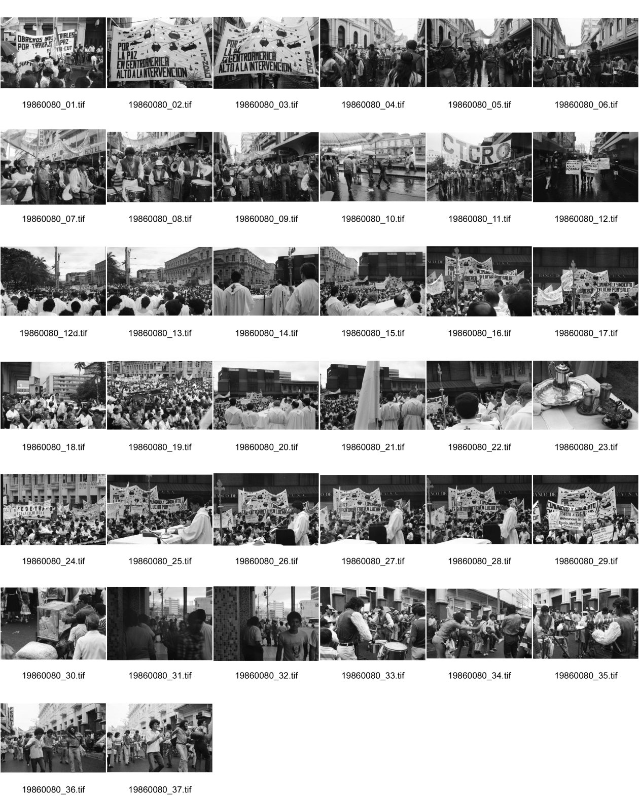 Image of sheet 19860080: Transparente Protest Demonstration gegen den Krieg, gegen die Intervention, 1. Mai Demo im Zentrum der Stadt. Mit Musik. Die Kirche hält einen Gottesdienst. Utensilien aus Silber. CTCTR Gewerkschaft. San José de Costa Rica 1986