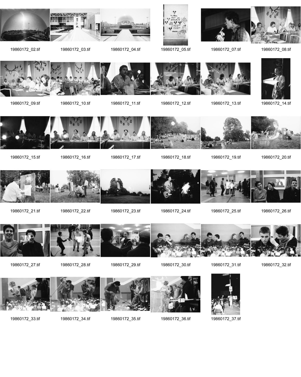 Image of sheet 19860172: La Geode in Paris la Villette. Graffittis. Pressekonferenz mit Jürg Weis, (er wurde im August 1988 in El Salvador von den Todesschwadronen brutal umgebracht) Max Leuzinger, (SAH) und Olivier Berthoud, Swissaid und CSS, Centrale Sanitaire Suisse, Heute Medico International. Für Yvan Leyvraz in Nicaragua als Entwicklungshelfer umgekommen. Mit drei anderen Europäern. St.Cergue, Abschied für Freunde und Verwandte. Doppelbelichtung mit Konzert baskischer Rockgruppe «Kortatu» in Grenoble. Priska Fretz, Hervé, Markus Schiesser Andrea Jossen etc. Doppelbelichtung mit Locarno Filmfestival Bruno Ganz. 1986
sheet korrigieren mit neuem von edi