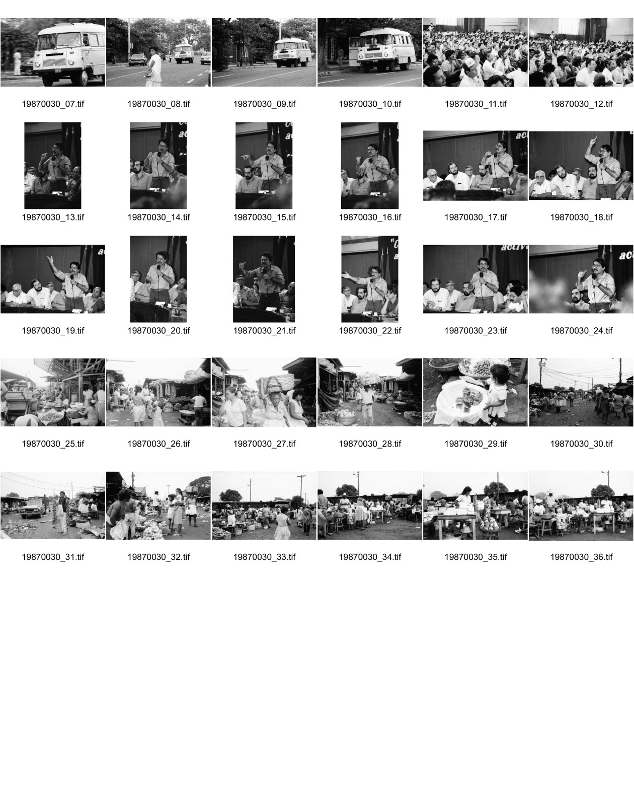 Image of sheet 19870030: Strassenszenen mit russischem Bus in Managua. Ostblock Kleinbus. Cara al Pueblo mit Cmdte. Daniel Ortega Gewerkschaftsführer und Arbeiter in der Casa de Gobierno in Managua. Veranstaltung für Kritik an der Politik der Regierung von Ortega. Vorallem in der Versorgung. Marktszenen in Managua. Mercado Oriental. Frauen verkaufen  und Männer Knoblauch und Kind preisst Ware an. Nicaragua 1987