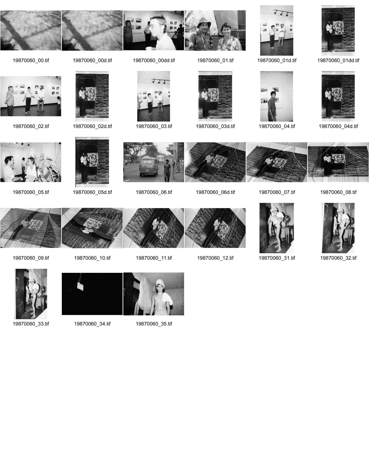 Image of sheet 19870060: José Quinonez steht nackt mit Turban im Zimmer in Barrio Altagracia de donde fue la Racachaca una cuadra arriba media al norte. Managua Nicaragua Olivia und der nicaraguanische Fotograf Oscar Cantarero er hält an der Vernissage die Eröffnungsrede in der Ausstellung der Galeria Fernando Gordillo. ASTC in Managua  Traute Boie. Olivia und Soldat X.
 Manuel Romero mit seinem Bild 'We are the World' in einem zerschlagenen Glasrahmen. (Farbe).