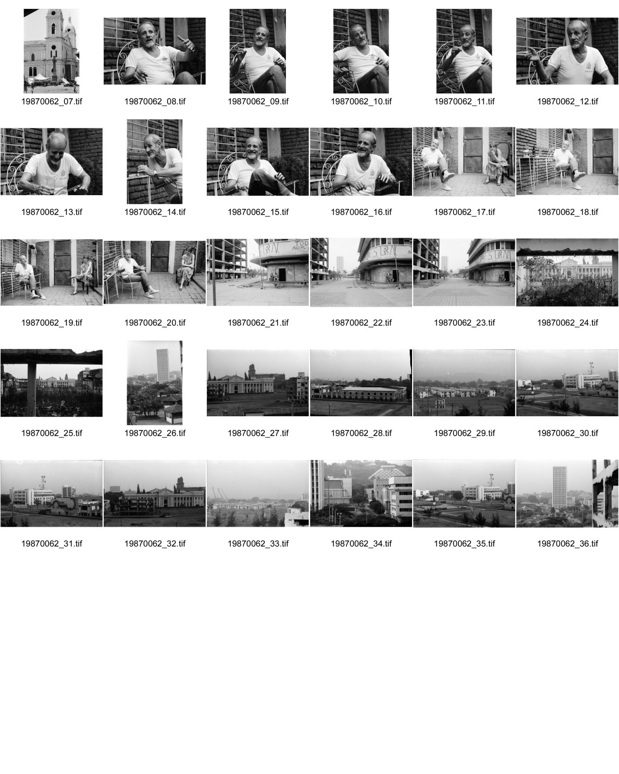 Image of sheet 19870062: Gespräch für Schweizer Illustrierte mit Rio Spirgi (gestorben November 2007) 83 jährig und Hanspeter Bürgin. Er ist Chirurg und arbeitet seit 1983 für das Gesundheitsministerium Ministerio de Salud und Centrale Sanitaire Suisse. CSS Heute Medico International Seine Freundin heisst Vogel ist aus Basel.
Palacio National, Correo, (PTT) Postbüro und Kino Cinema Cabrera. Banco de America. Bankgebäude Altstadt von Managua. FSLN Frente Sandinista de Libéracion Nacional Lettern am Haus Wandmalerei. Graffitti Hotel Intercontinental im Hintergrund Managua Nicaragua 1987
