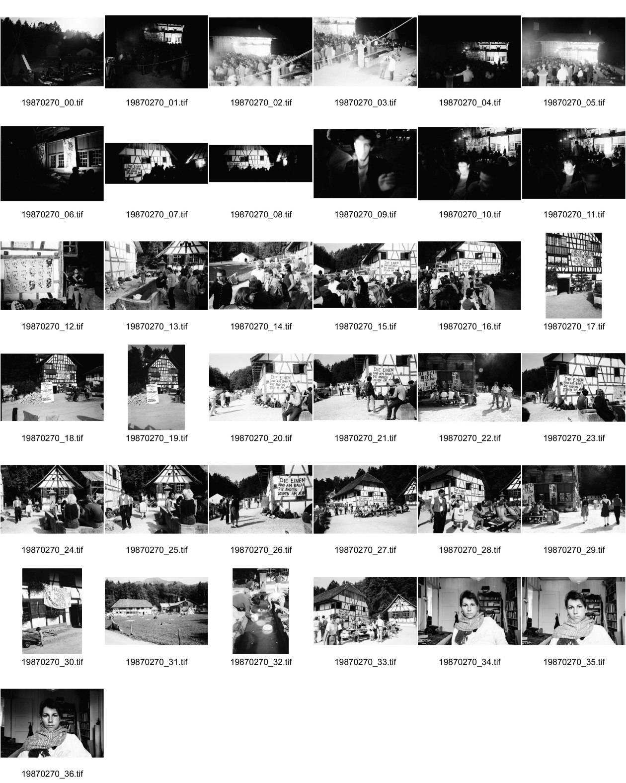 Image of sheet 19870270: Besetzung des Freilicht Museums Ballenberg. am Eidg. Bettag. durch Protest Demonstration gegen die Wohnungsnot in Zürich. BesucherInnen in Trachten bestaunen die Transparente. «Die Häuser den Menschen die darin wohnen» Oder:«Die einen sind am Ballen die anderen stehen am Berg» Am Riegelhaus. Olivia nach Weisheits Zahn entfernung. Selbstportrait. 1987 Zürich Bern

Ballenberg is an open air museum in Switzerland that displays traditional buildings and architecture from all over the country. Located near Brienz in the municipality of Hofstetten bei Brienz, Canton of Berne, Ballenberg has over 100 original buildings that have been transported from their original sites