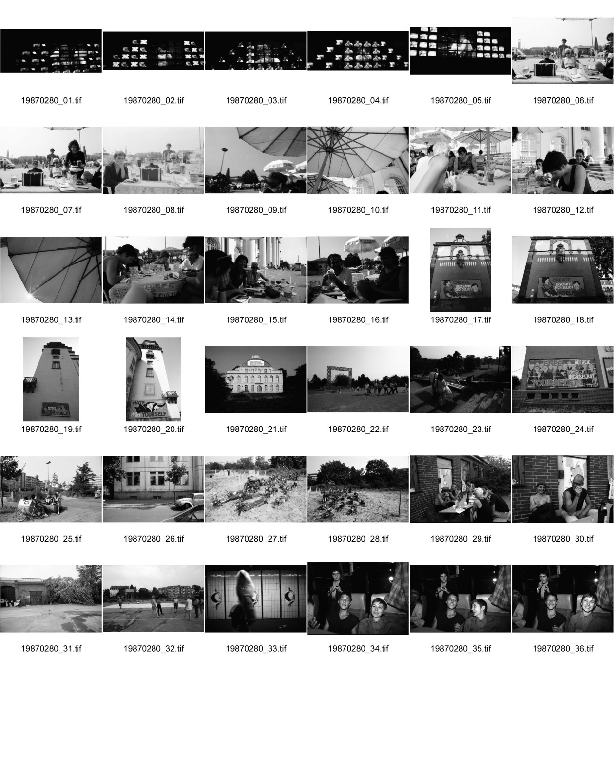 Image of sheet 19870280: Besuch mit Grafikklasse ZHDK an der Documenta in Kassel. mit Ilia Vasella,  Gabi, Iren Vögeli, Laurent Goei, Tobias Eugster, Daniela Venegoni. Thomas. Lehrer Ossi ( Video Skulptur von Fabrizio Plossis Materia Prima. in Farbe.) Motorräder verschwinden in Erde. Gemalte Pissoir in Unterführung. Plakate an Hausmauern. Schweiz Deutschland Germany 1987