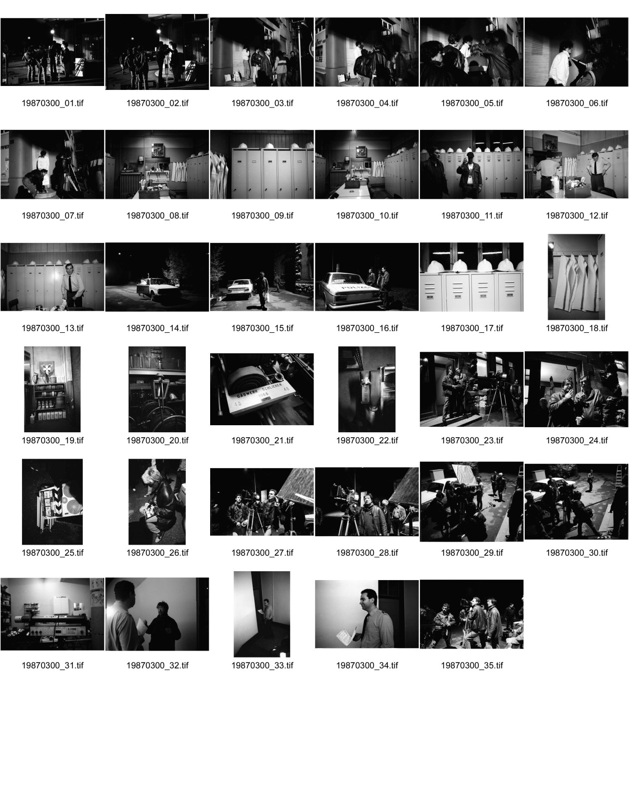 Image of sheet 19870300: Standfotos für Filmset: Filou von Samir Aldin an der Neugasse in Z. 5. dann im Gaswerk Schlieren. Feuerwehrlokal. Polizeifahrzeug in Flammen.  Kameramann Lukas Strebel an der Kamera.  TRI-X 400 Zürich 1987