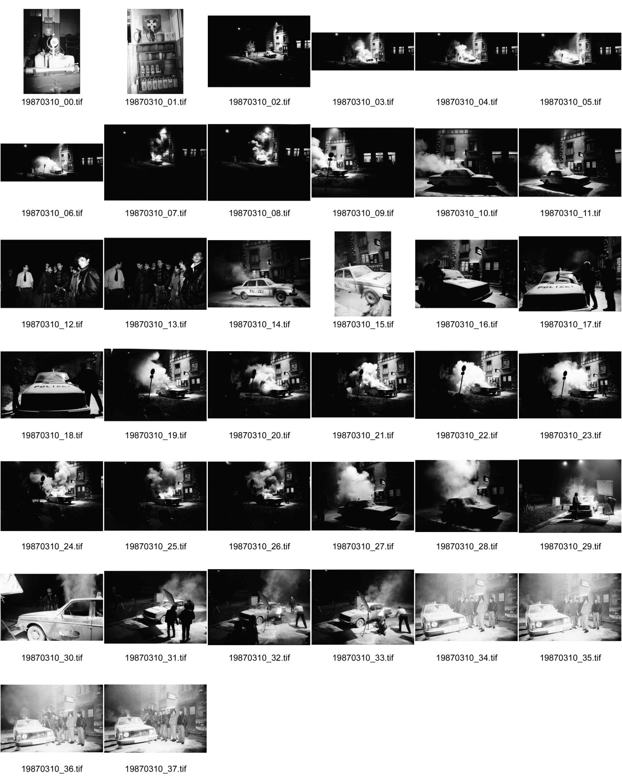 Image of sheet 19870310: frtsg. 870300 Dreharbeiten Filou von Samir Aldin Polizei Fahrzeug in Flammen. T-MAX 1600 Zürich Kreis 5 1987 √