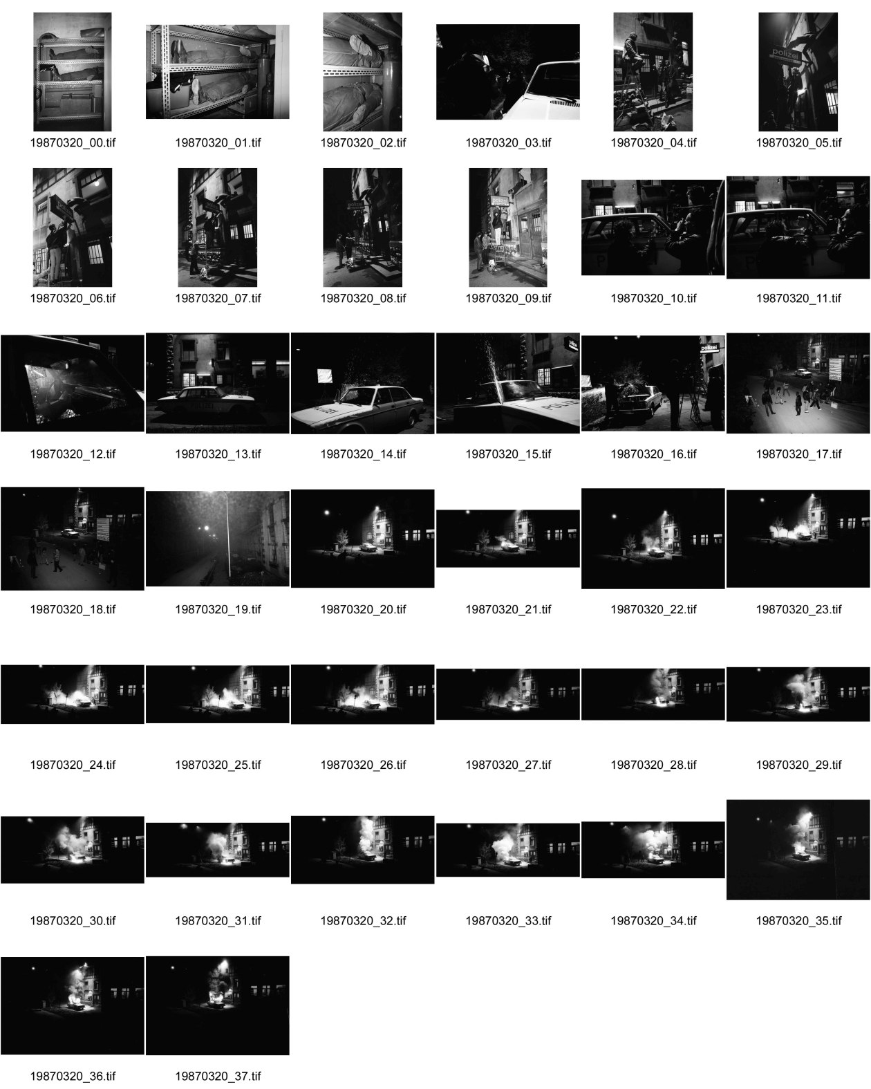 Image of sheet 19870320: frtsg. 870310 Dreharbeiten für den Film Filou von Samir Aldin. im Gaswerk Schlieren. Feuerwehr Puppen. Polizei Fahrzeug in Flammen. TRI-X 400 Zürich Kreis 5
fünf Switzerland Schweiz Europe
