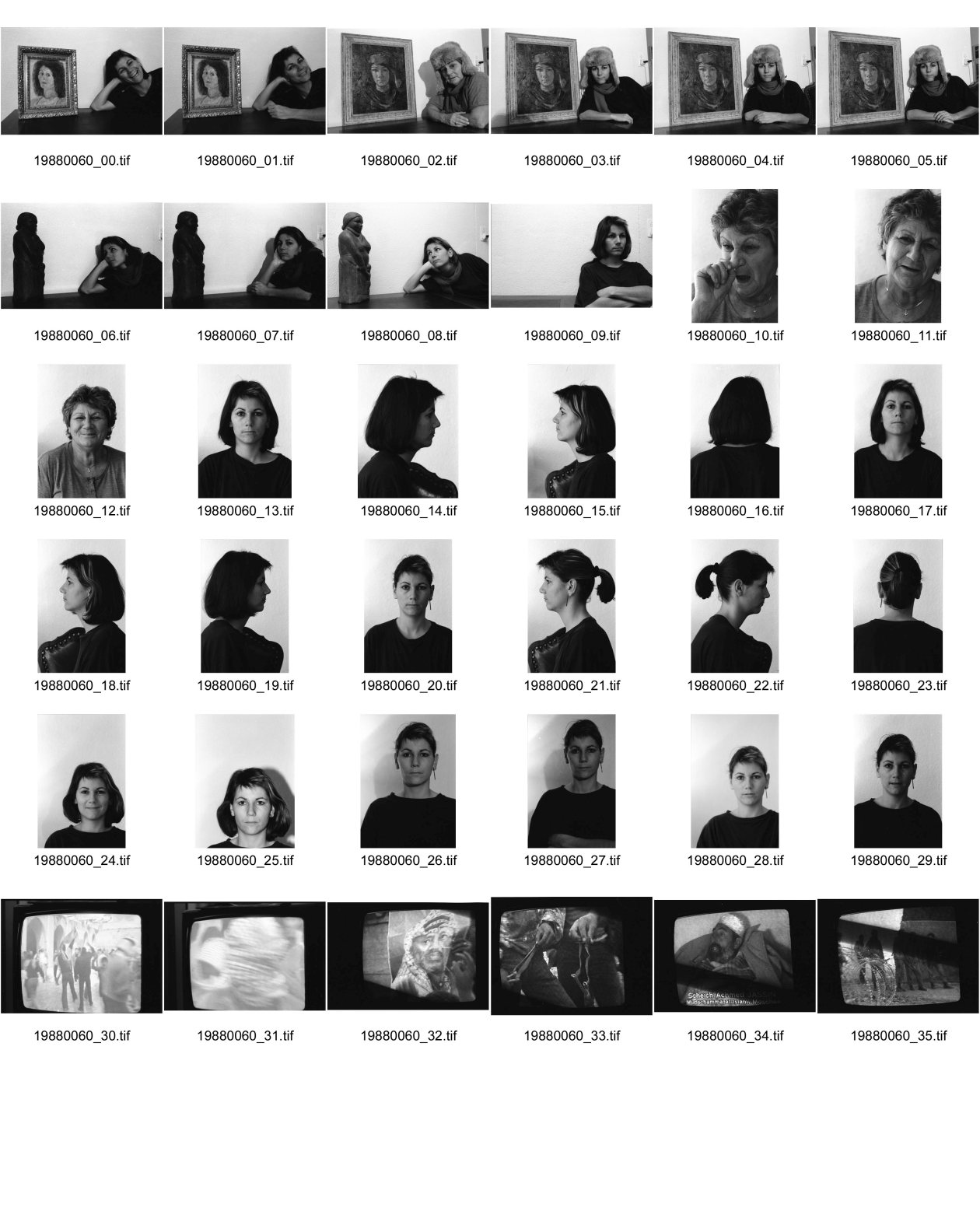 Image of sheet 19880060: Selbstportrait Studie für Fotofachklasse ZHDK . Olivia mit Portrait gemalt von E. G. Heussler. Olivia neben Olivia. neben Plastik von Alis. Portrait Ruth. Olivia von allen Seiten. Photographien ab Television Monitor TV mit Arafat und Intifada. Steinschleuder. 
1988 Zürich