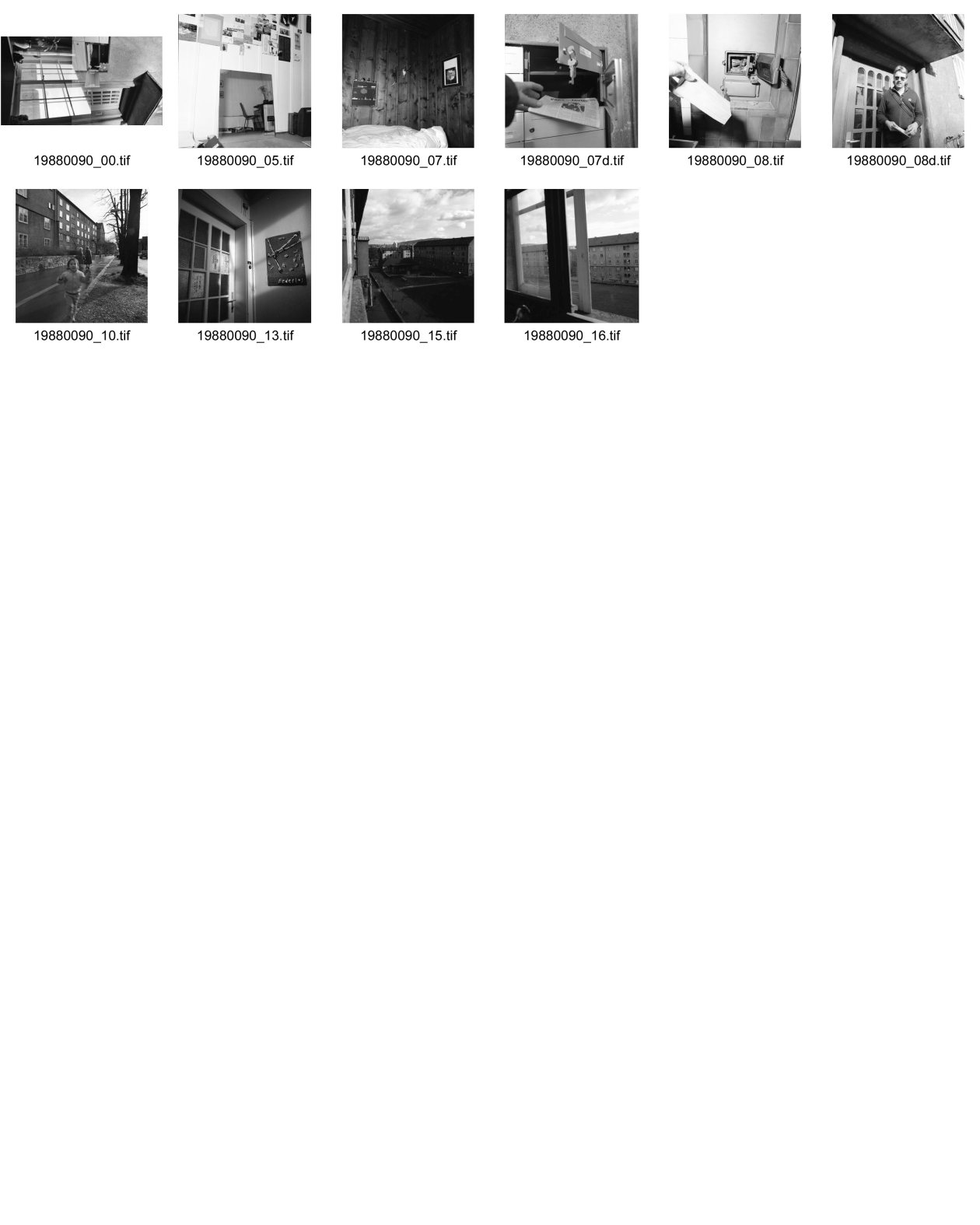 Image of sheet 19880090: Erismannhof vor dem Umbau der Renovation. Der Pöstler bringt Post. vor meinem Eingang. Meine Zeitung im Briefkasten. Milchkasten. Stuhl Design von Franco Tages Anzeiger. Mein Büro und Arbeitsraum in der Wohnung 12.  Ich lege ein neues Holzscheit in meinen alten Holz Ofen. Kamin Meine alten Vorfenster. Sicht in den Hof. Wohnungstüre. Treppenhaus Plakat Poster Federlos. Hauseingang und Stubenfenster. Vorfenster. Doppelbelichtung . Gian Franco Legler Basket Chair Stuhl Stühle. Korb ratan Wohnen Atelier Spiegel Zimmer Zürich 1988 Schweiz swiss Switzerland Doppelbelichtung
 6 x 6 mit Hasselblad
Vitrine Percy Heussler Wohnhilfe Wohndesign Holztäfer Marcel Duchamp Plakat Schokoladen maschine über meinem Bett  Poster
