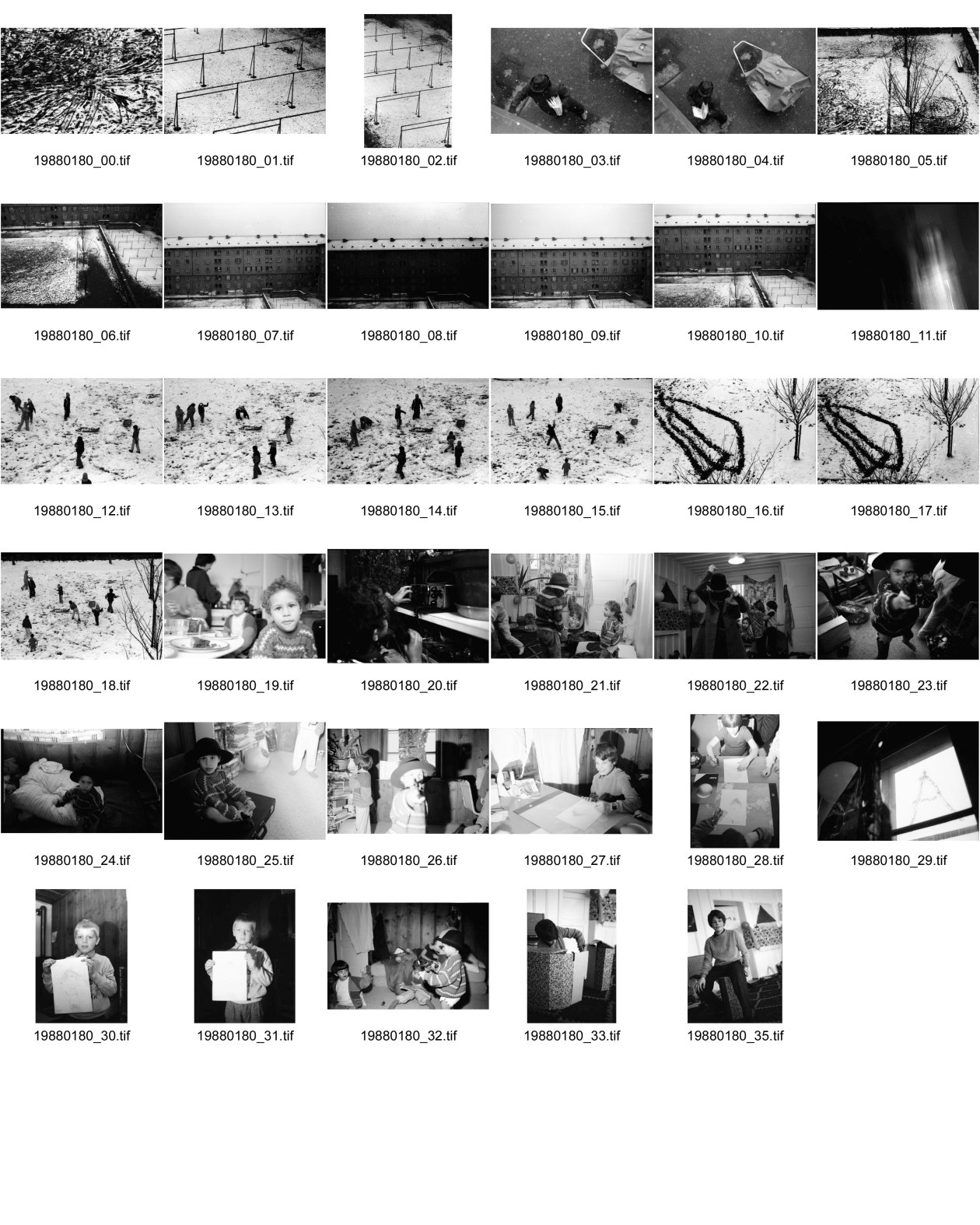 Image of sheet 19880180: Winterszenen in der städtischen Siedlung Erismannhof. PöstlerIn verteilt die Post. Spuren im Schnee. Leere Wäscheständer und Leinen. Fabian Rumpke ist 12 jährig Geburri Steffi etc. im E'hof 10. Kind mit Gangster Hut und Pistole. Kind am Zeichnen. E'hof im Winter vor dem Umbau. Zürich 1988