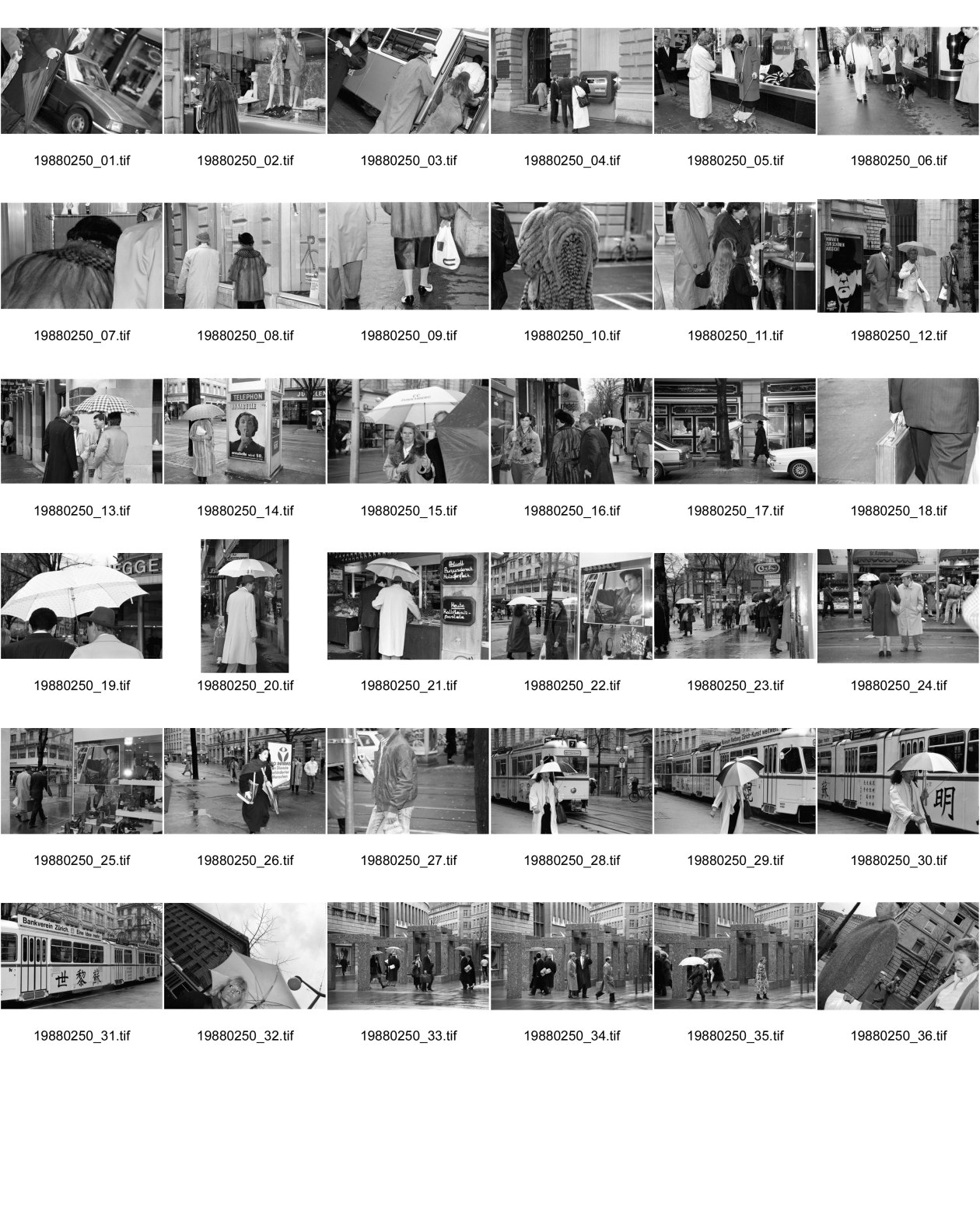 Image of sheet 19880250: Szene an der Bahnhofstrasse. Frauen in Pelzmäntel unter Regenschirmen mit Hunden vor Schaufenster. In Strassenbahn einsteigend. Vor bemalter Strassenbahn. Fancy dreinschauend. 
Granitskulptur (1983) von Max Bill
Der Schweizer Künstler Max Bill schuf 1983 die begehbare «Pavillon-Skulptur» – ein Beispiel für klare Linien –, die heute an erstklassiger Lage vor dem Zürcher Hauptsitz der Grossbank UBS an der Bahnhofstrasse steht. Die streng konzipierte, von Logik und Klarheit geprägte Konstruktion aus hochpolierten, grauen Granitelementen war anfänglich äusserst umstritten.
Paare leicht gestresst wirkend. Männer Gruppe. Plakat für Annabelle wird 50.
Zürich 1988