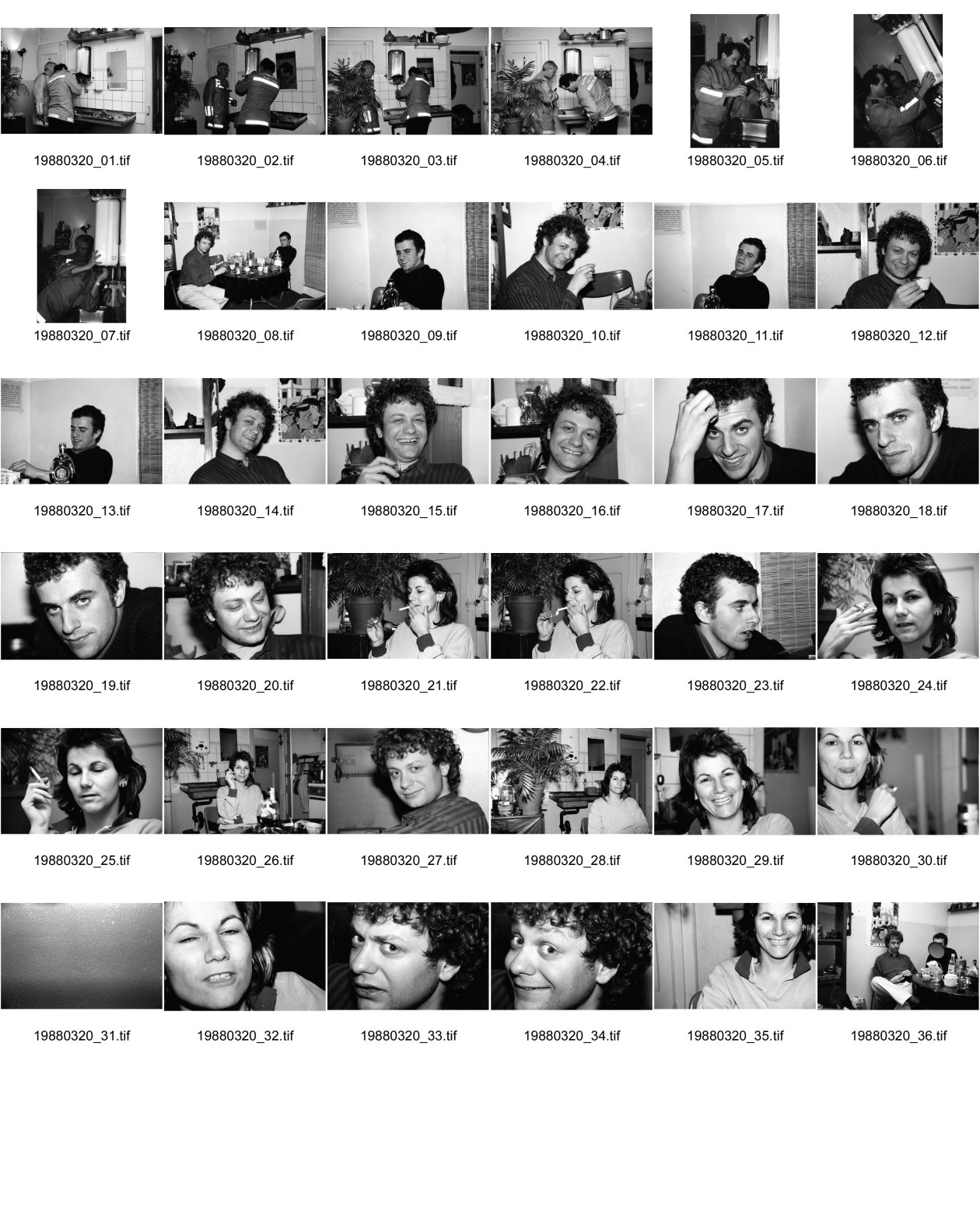 Image of sheet 19880320: Die städtische Feuerwehr behebt in der alten Küche im Erismannhof einen Wasserschaden. Koni Nordmann und Felix von Muralt sitzen bei mir in der Küche. Portraits. Olivia Zürich 1988