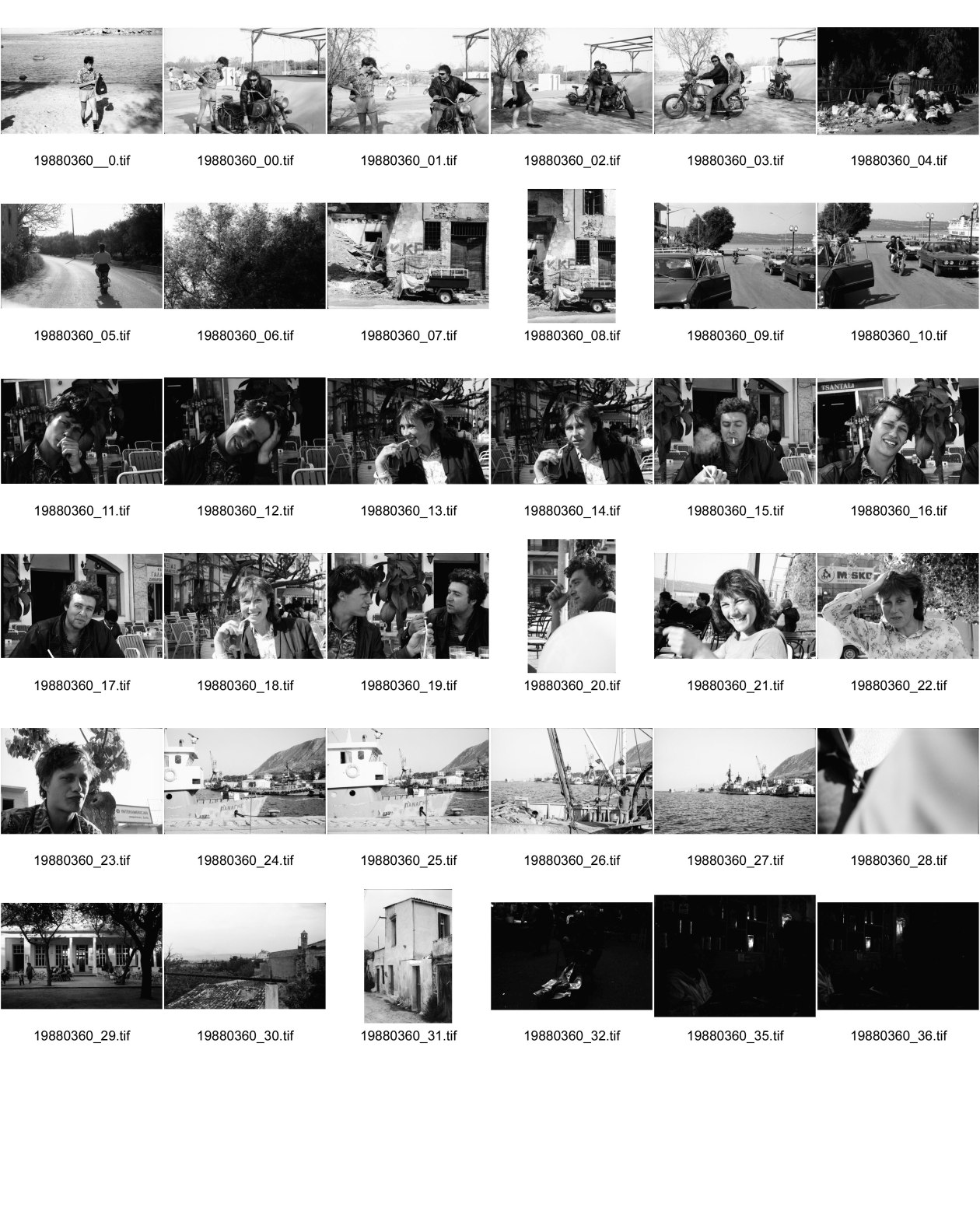 Image of sheet 19880360: Rudi Berli und Cathy O'Hare Freund Andrea aus Athen. Abfall Container.
KKE Komunistische Partei in Griechenland. Cathy fährt Moped. Rudi
Portrait Cathy Andrea Olivia. Hafen in Xania Fischerboote und Fischer. Haus von Cathy alles mit Leica M4 
Kreta Griechenland 1988