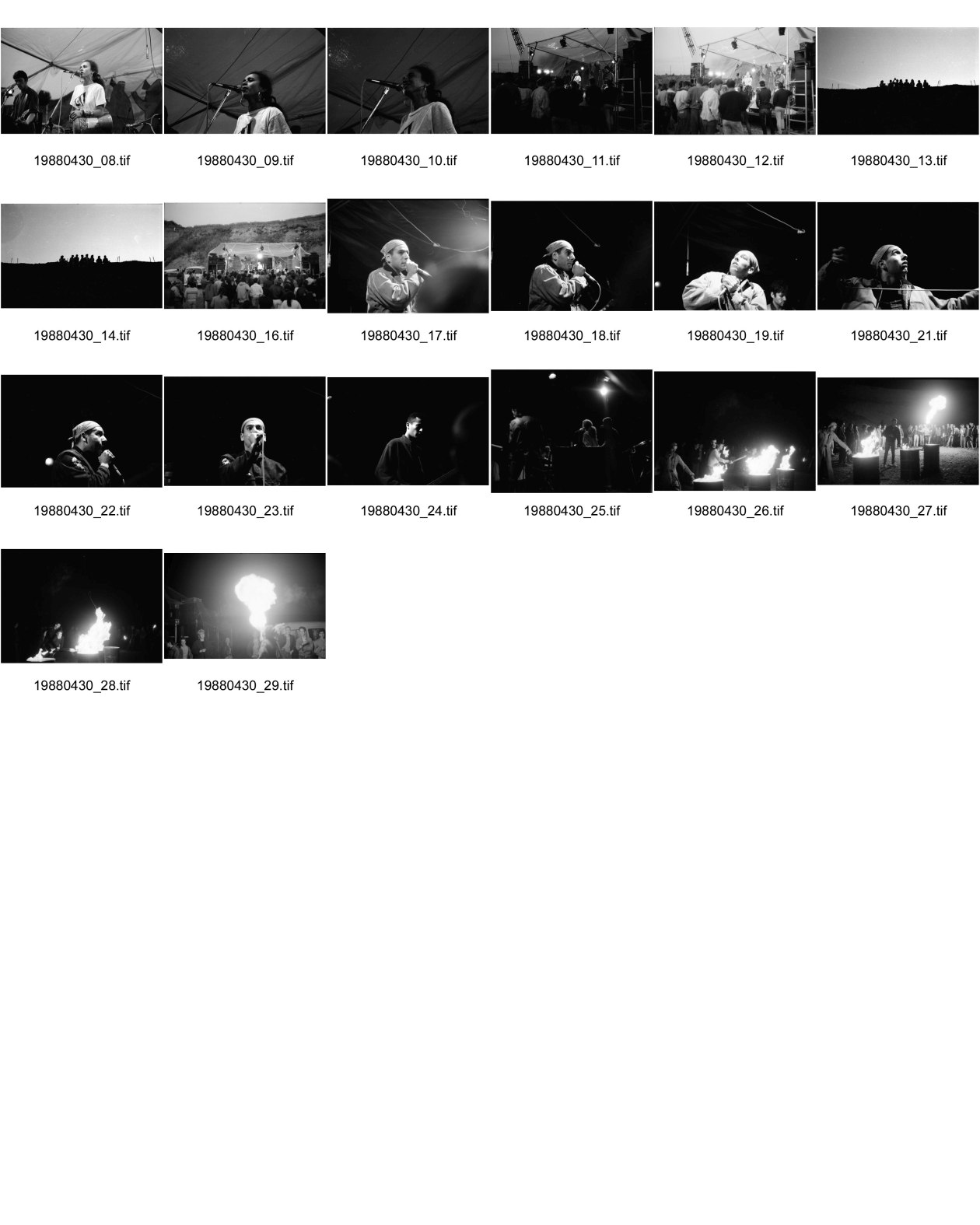 Image of sheet 19880430: Konzert Sauvage in Genf mit Etat d'Urgences Babouches Folles 8-12 Laid Thenardier 17-25 und Karotte Kiri 26 -29. Personen als siluetten sitzen am Horizont. Morgenlicht. Frau Naima Wadimoff Nicolas cinema film music concert  1988 Geneva Suisse Switzerland Schweiz
