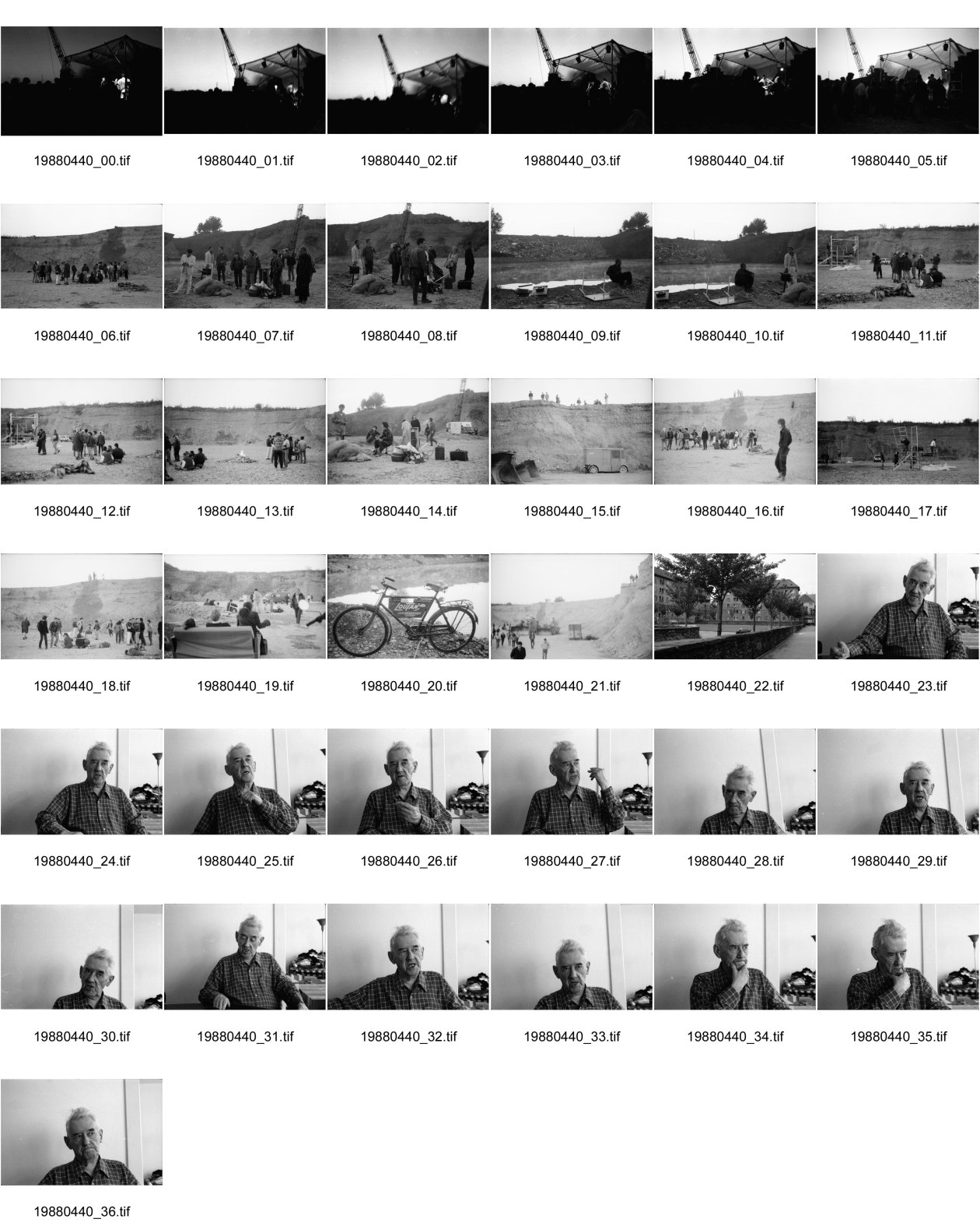 Image of sheet 19880440: frtsg. 880430 Konzert Sauvage Etat d 'Urgences in Genf. Morgenstimmung mit den Leuten. Zusammenpacken Erismannhof. Portrait Kunstmaler Künstler Konkrete Richard Paul Lohse letztes Bild bevor er einen Monat später starb habe ich mit ihm ein Interview gemacht in Zürich an der Gartenstrasse. Sein Begräbnis nr. 19880840 Sept. 1988 
Richard Paul Lohse (September 13, 1902, Zurich - September 16, 1988, Zurich) was a Swiss painter and graphic artist and one of the main representatives of the concrete and constructive art.