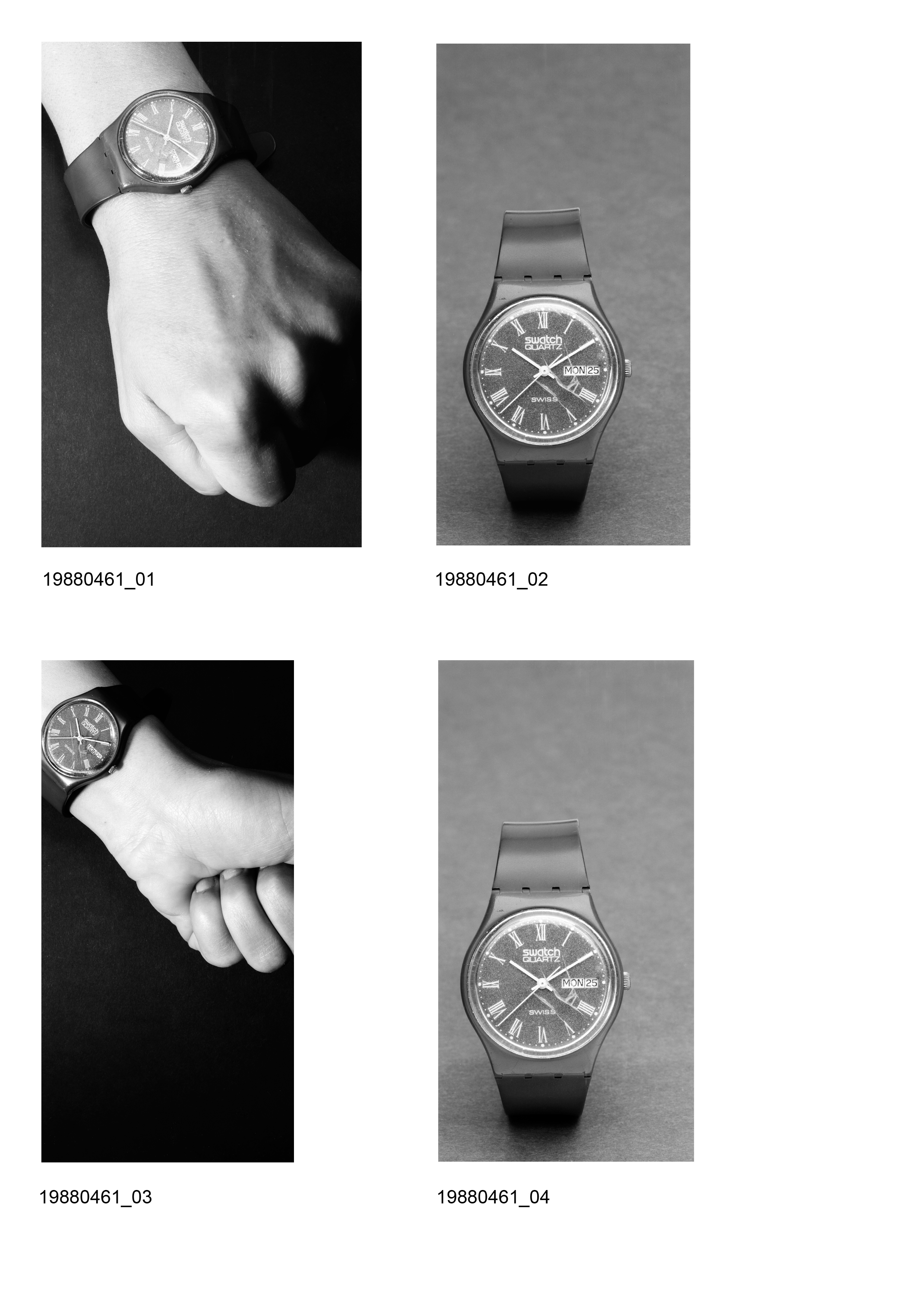 Image of sheet 19880461: Mit der Hilfe von Christian Kurz an der Schule für Gestaltung Fotoklasse. Swatch an Handgelenk und S/W und in Farbe.
 4 x 5 Inch Sinar 1988 Zürich Schweiz ZHDK