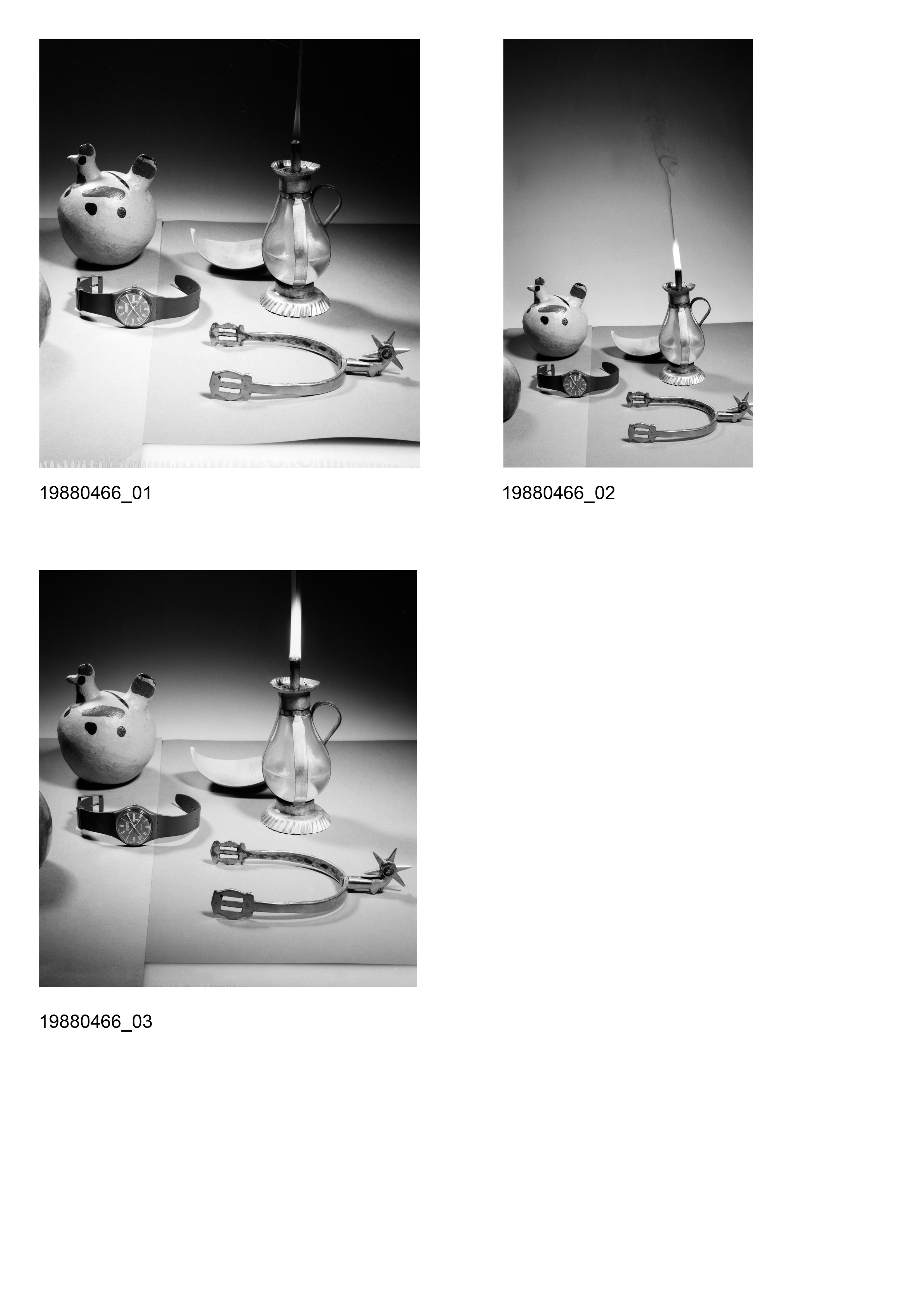 Image of sheet 19880466: Stillleben mit Swatch Öl lampe etc. Kürbis löffel Pumpkin Apfel apple spoon sporen spor watch oil lamp Uhr sporen Schweiz Zürich Switzerland Swiss Europe 4 x 5 inch sinar © 1988, Olivia Heussler