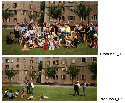 Image of sheet 19880651: Portrait Gruppenbild ca 75 Bewohner und Bewohnerinnen. 4 x 5 Inch Sinar Zürich Aussersihl Erismannhof Kreis vier 4 Menschen  1988 farbe color farbig  Olivia Heussler, Nadia Sieger (Nadeschkin) Christoph Schuler Esther Eppstein Jessie Fischer, Bob Fischer, Rosine Courtin, Margrit Brunner, Klöus,
Peter Bäder, Cathy O'Hare, Nik Emch, Zoe, Ernst Maurer, Soilant, Romano Trinchese, u.v.a