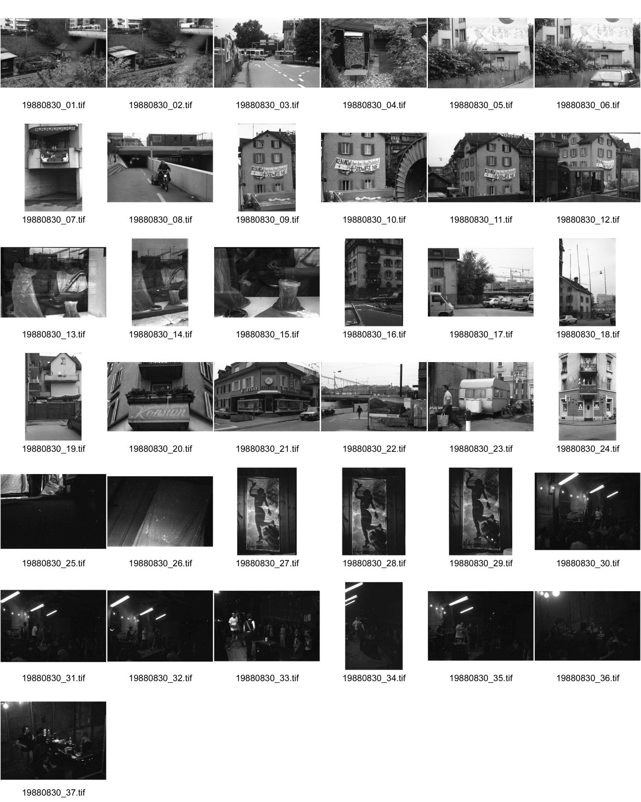 Image of sheet 19880830: Stadtszenen und Bilder von Häusern Kreis 4 und 5 Die Isä Marie ? Eisen Marie ? auf ihrem Moped. (gest) Kein AKW über dem Hauptbahnhof HB-Südwest Nie! steht an der Zollstrasse Fussgänger Innen Unterführung Langstrasse. Konzert Sauvage in Winterthur. Olivia Selbstportrait Lebensgross. Schrebergärten zwischen (hinter) den Geleisen. Beim Güterbahnhof. Zürich 1988 Aussersihl Schweiz Suisse wohnen