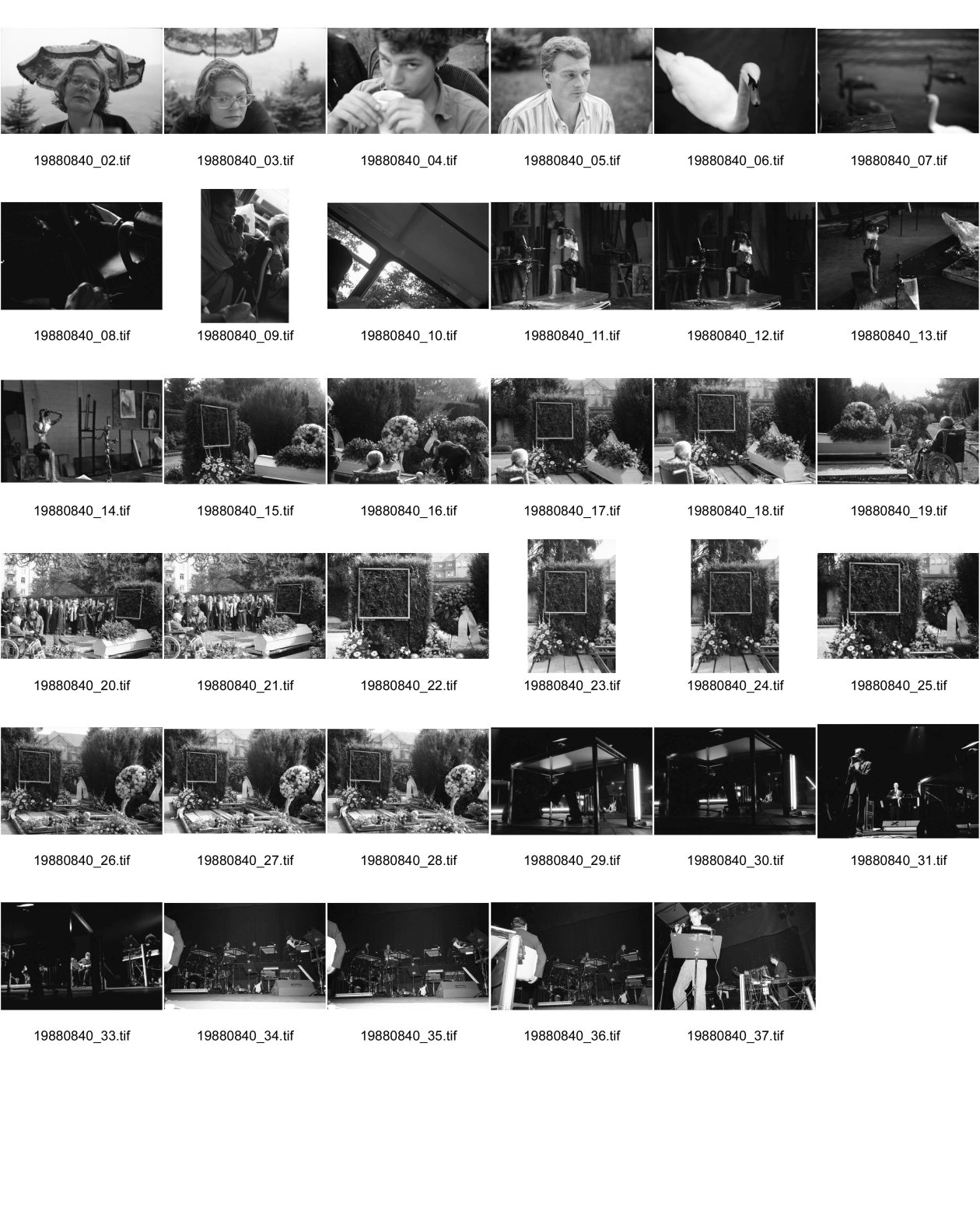 Image of sheet 19880840: Fest Fotoklasse Monika Buser Niggi, etc. Schwahn. Aparicio Artola hat für mich eine Skulptur gemacht. Mich selbst hat er dargestellt beim fotografieren , ich fotografiere sie in seinem Atelier im Gaswerk Schlieren. 
Beerdigung Richard Paul Lohse im Sihlfeld -Friedhof. Die Produzentengalerie hat ihm ein Bild zur Erinnerung gemacht. Alice seine Frau sitzt im Rollstuhl vor dem Sarg. Konzert Heiner Müller in der Roten Fabrik. Zürich 1988