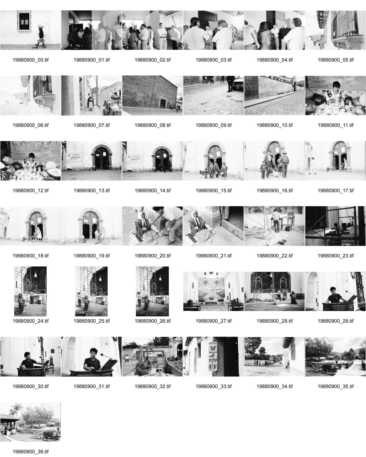 Image of sheet 19880900: frtsg. 880890 Seminar FUNDES in Antigua. Hund sitzt auf Balkon. Frau auf der Strasse. Pflastersteinstrasse. Kind verkauft Kinderspielzeuge. Kirchen Eingang. Alte Frau bettelt. Familie kommt aus Kirche. Kirche wird saniert. Bethlehem Wandteppich hängt in Kirche. Mann putzt Kanzel. Pflanzen werden transportiert. Im Hotel Antigua. Guatemala 1988