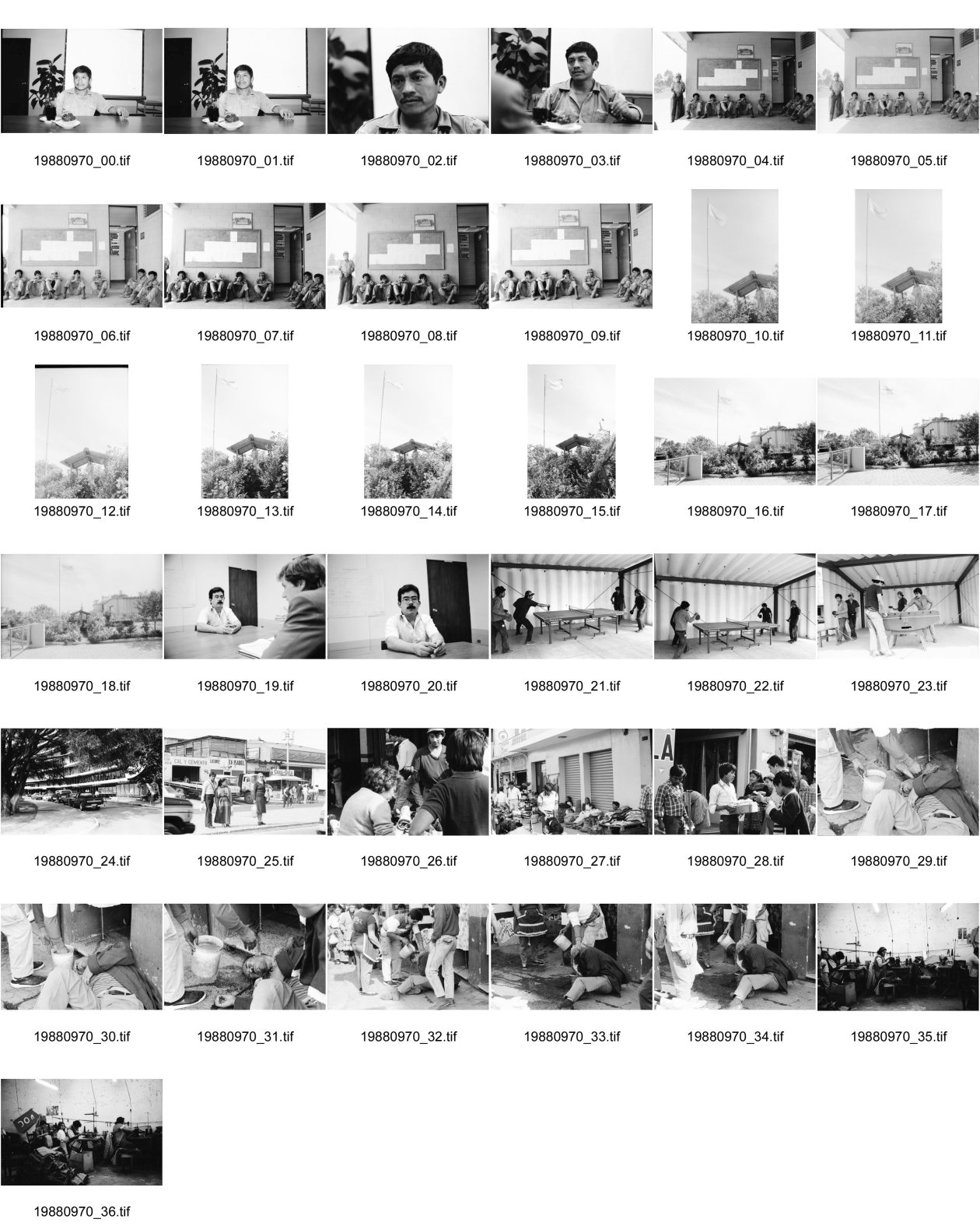 Image of sheet 19880970: Duralita, Portrait Patrocinio de Jesus Monzon (Sindicato de Trabajadores de Productos Duralita SA) angeschlossen an UNSITRAGUA und FDTG /Federacion de Trabajadores Guatemalteco) Arbeiter vor dem Duralita Streik Bild. Solidarismo Vertreter, Arbeiter spielen Ping Pong. in Eternit Haus. Madonna Figur unter Eternit Dach (WOZ) Betrunkener. In der Duralita Tochter des schweizer Unternehmens Eternit, Schmidheiny, heute Holcim, wird mit neuer und asbesthaltiger Asbest Technologie Material gearbeitet. Fundes Projekt. Guatemala 1988
Aus: Besichtigung der Hinterhöfe/Rotpunktverlag rpv und WOZ