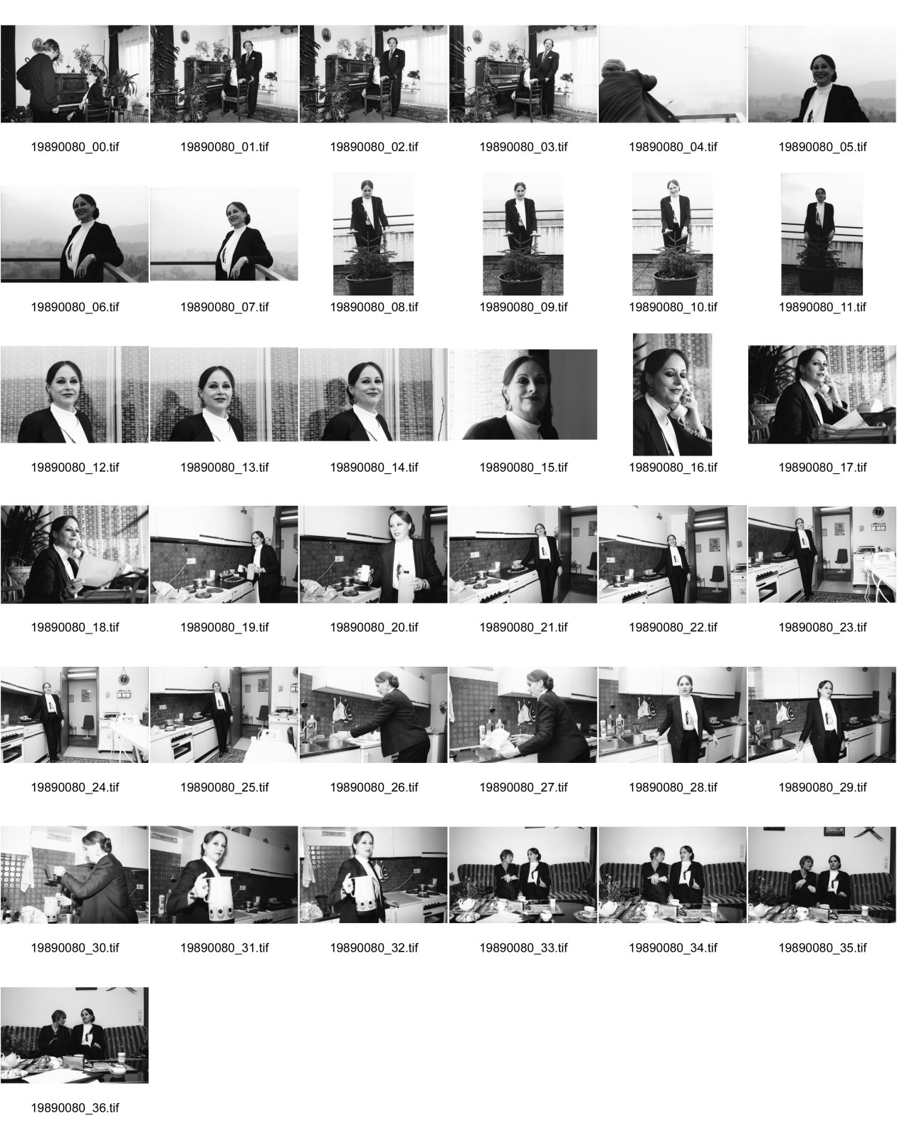 Image of sheet 19890080: frtsg. 890070 für Springer Verlag Zeitung Journal für die Frau 
Dagmar Hoffmann und ihr Mann und Manager posieren am Piano sie steht an einem kleinen Bäumchen und hält ihre Hände darüber. Portrait am Telefon. Mit einer Milchkanne in ihrer Küche und mit der Journalistin auf dem Sofa. Hellseherin. Deutschland 1989 Sekten Spiritualismus