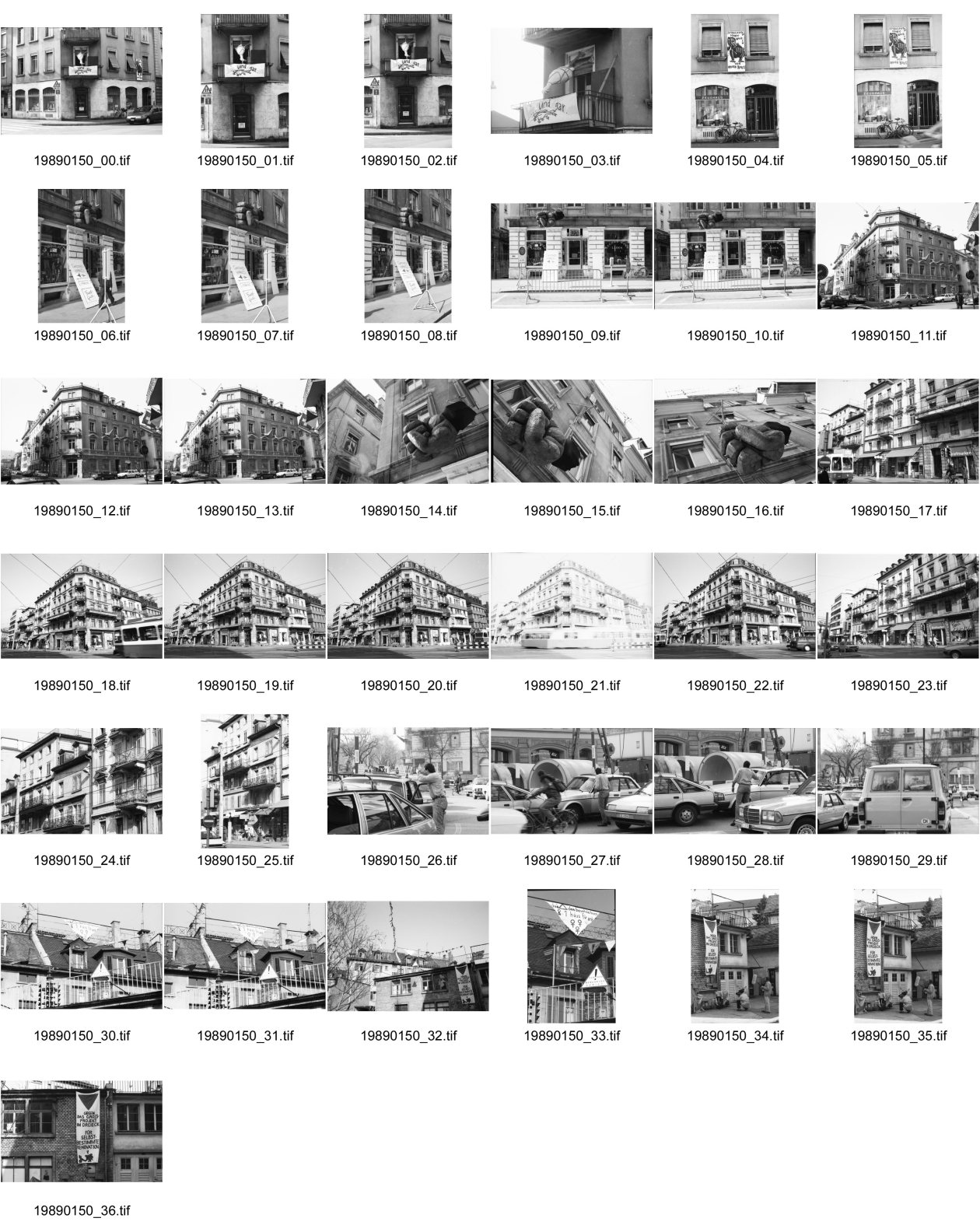 Image of sheet 19890150: An der Ankerstrasse 124 steht GANZ und gar.... hängt eine Gans. Spekulanten Hände weg von unserem Haus. Transparent. BewohnerInnen drohen im Juni 1989 mit einen Auszugsboykott. Die Faust hängt an der Bäckerstrasse. Der Stauffacher steht auch noch.
Autofahrer brüllen einander an- Crash. Transparente am Dreieck. Zweierstrasse Achtung bewohntes Gebiet. Das Dreieck den BewohnerInnen und 1 Haus für uns Frauen. Zürich Wohnen Besetzung Housing