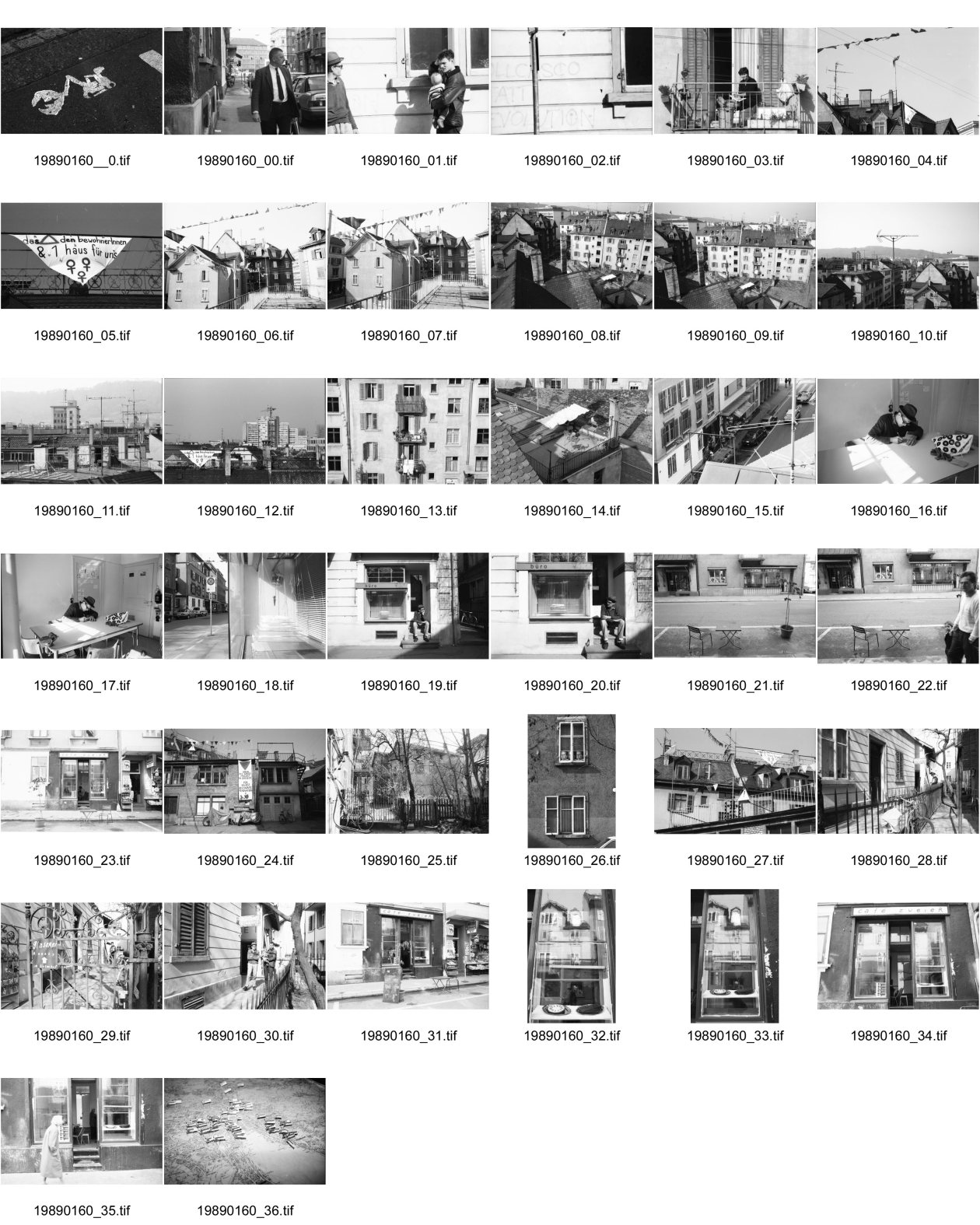 Image of sheet 19890160: Am Dreieck, der Zweierstrasse 49/51 stehen die Bagger zur Markierung was alles weg kommt. Als Schablone am Boden. Die Häuser. Die Transparente. Ein Bewohner im Büro. Ein Laden. Das Café Zweier ist weg. Spiegelungen im Fenster. Kuchen liegen da. Zürich Hausbesetzung 1989