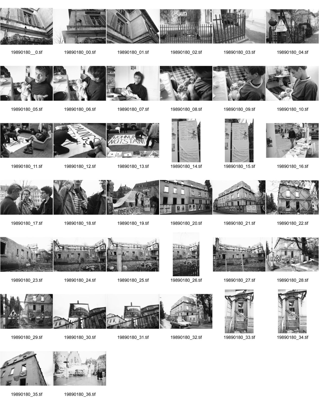 Image of sheet 19890180: frtsg. Zweierstrasse Dreieck Gartenhofstr. Hühnerhof. Badenerstrasse zu Frank Braun Kristin Irion und Mayo der grad geboren wurde. Portrait. Transparent wird gemalt Wohnungsnotstand. Feldeggstrasse 85 steht in Ruine. zerstört unbewohnbar gemacht. Sie spiegelt sich im Verkehrsspiegel. Christoph hat da gewohnt. Verbarrikadierte Haustüre. Hinter Zaun. Zürich 1989 Besetzung Stauffacher