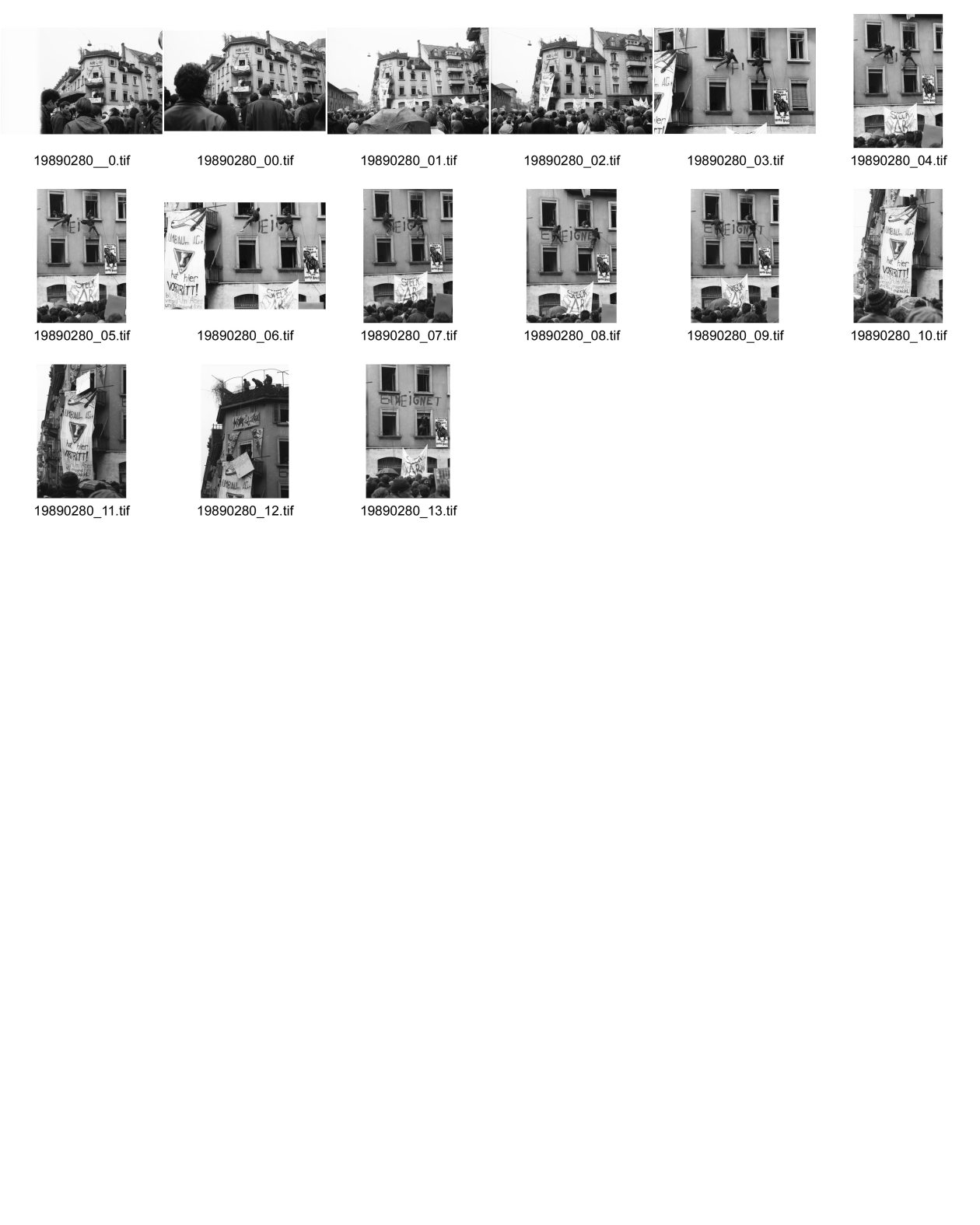 Image of sheet 19890280: frtsg. 890270 Demo Wohnen tut Not. Ankerstrasse 124 mit Transparent SpeckulAir. Entieeignet. falsch geschrieben steht an der Hausmauer. frisch gemalt. Von Männern die sich der Hausfassade entlang abseilten. Spray Graffitti Zürich 1989 Wohnungsnot