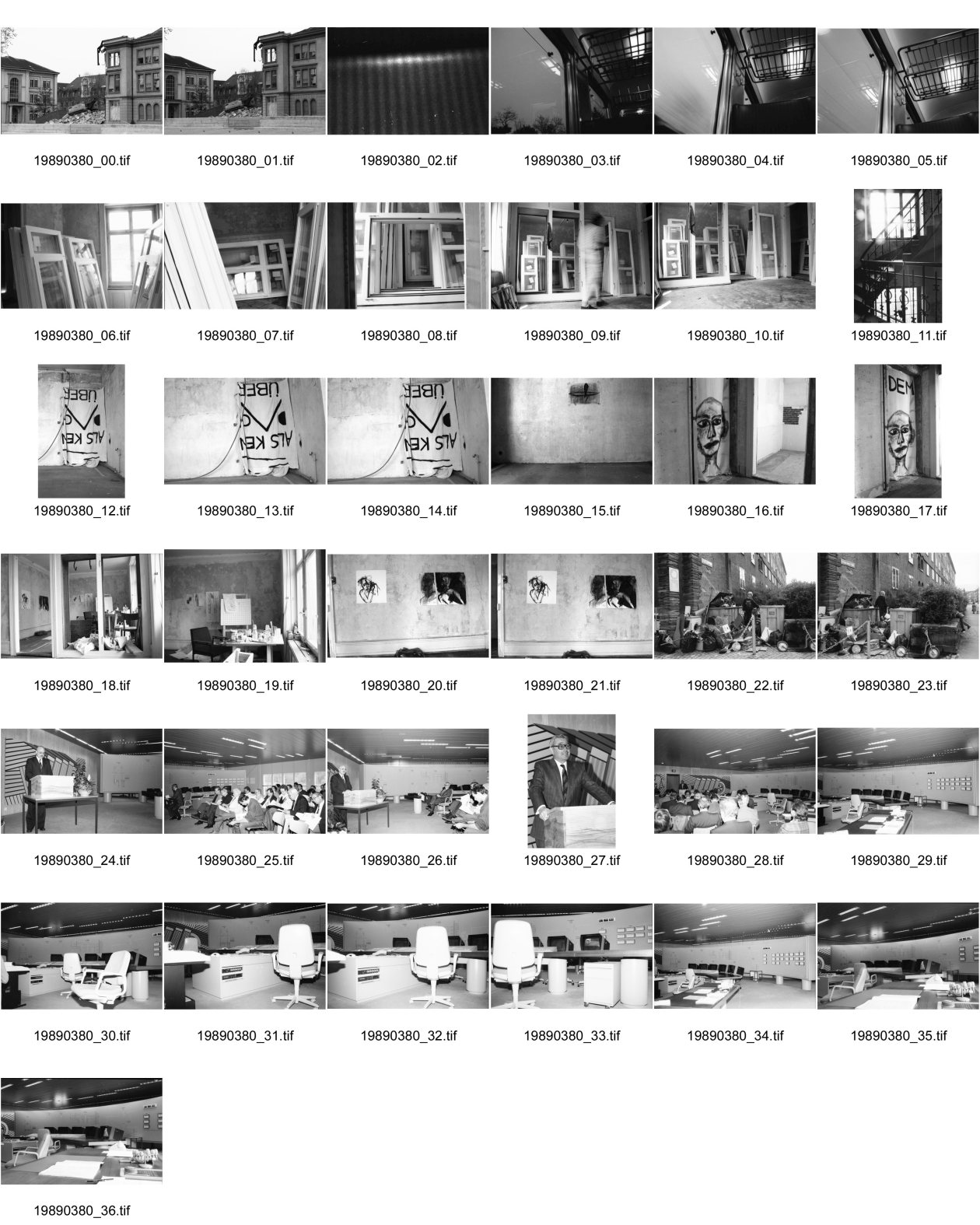 Image of sheet 19890380: Abbruch bei Aarau. In der SBB. An der Limmatstrasse 217 stehen bereits die neuen Vakuum Fenster bereit. Im Treppenhaus. Das von der Wirtin zerschnittene Transparent wird zum Vorhang. Der Kopf ist von Susan Büchi gemalt. Im Erismannhof untersuchen Kinder den Abfallberg zwischen den Containern. Das Nordostschweizerische Kraftwerk (NOK) und Atomkraftwerk in Beznau Kanton Aargau feiert sein 70 jähriges Bestehen. Der Präsident spricht vor den geladenen Gästen. Der Kommandoraum. Zürich 1989